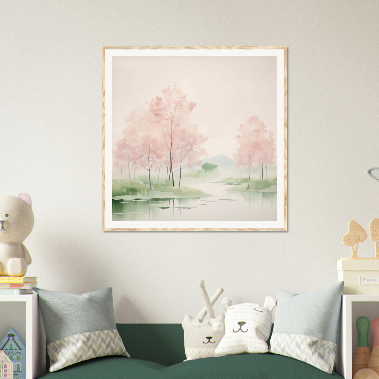 Framed watercolor painting of misty trees and water for nursery wall art or decor