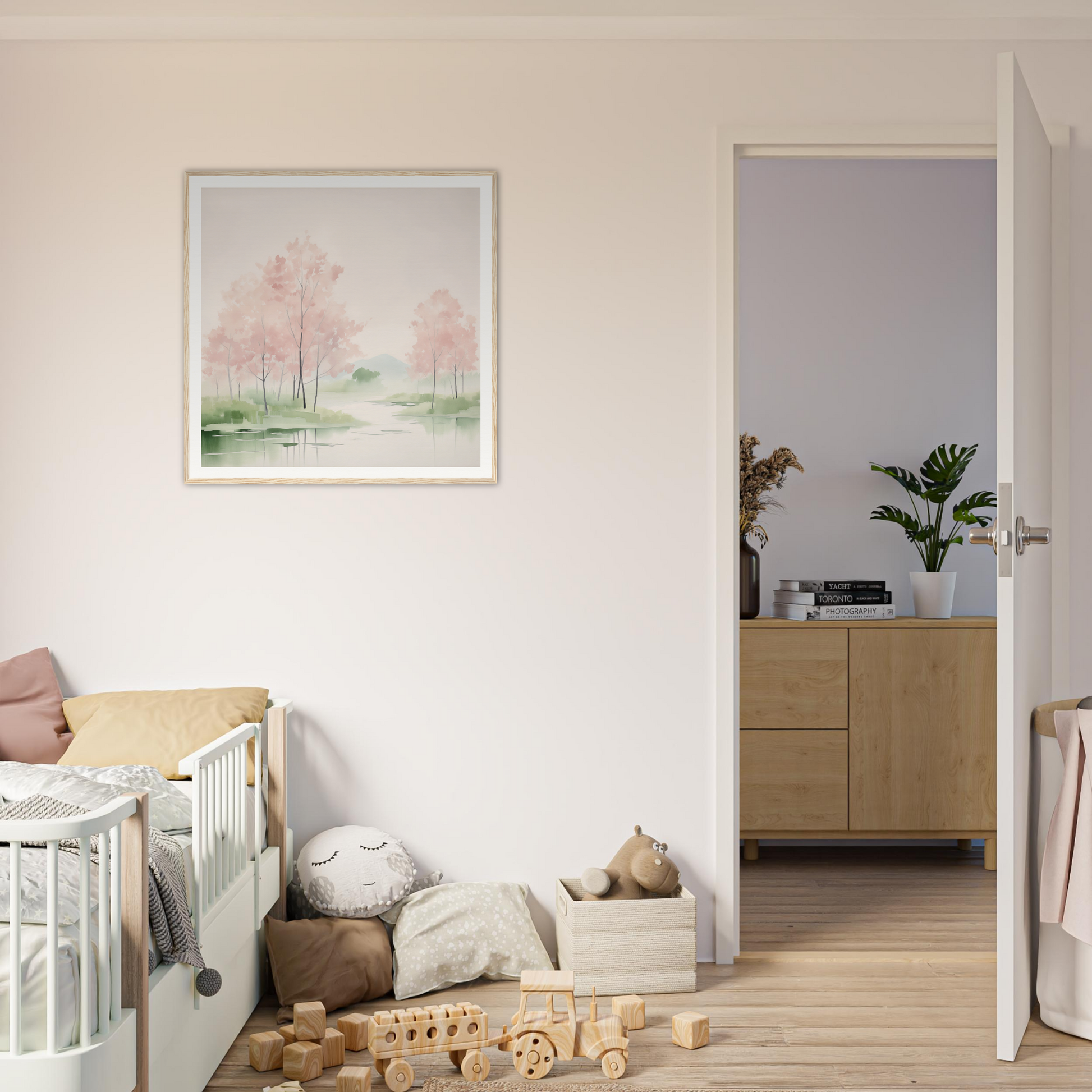 Framed watercolor painting of pink trees on a misty path for nursery wall art
