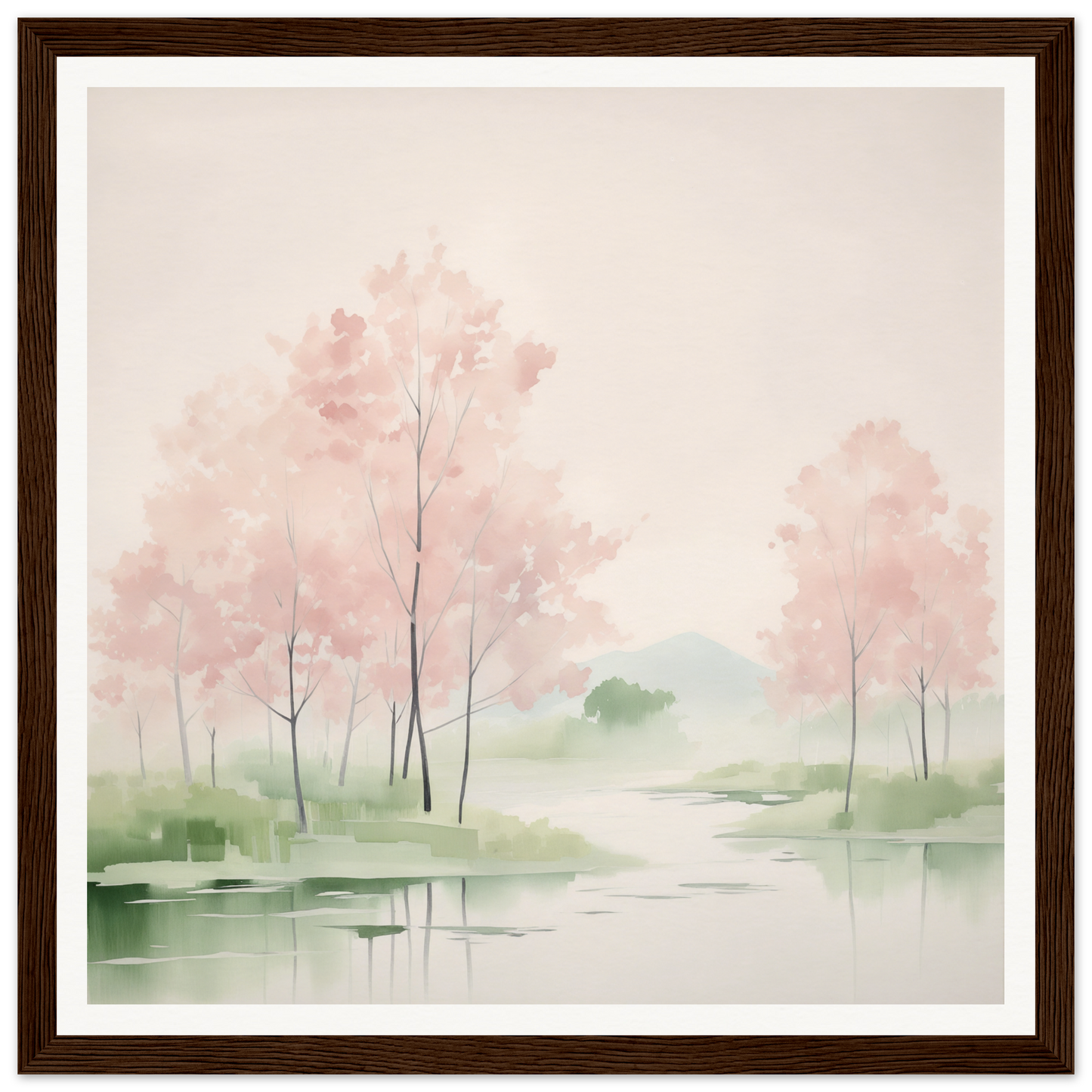 Watercolor painting of pink cherry blossoms in a misty pond for nursery wall art
