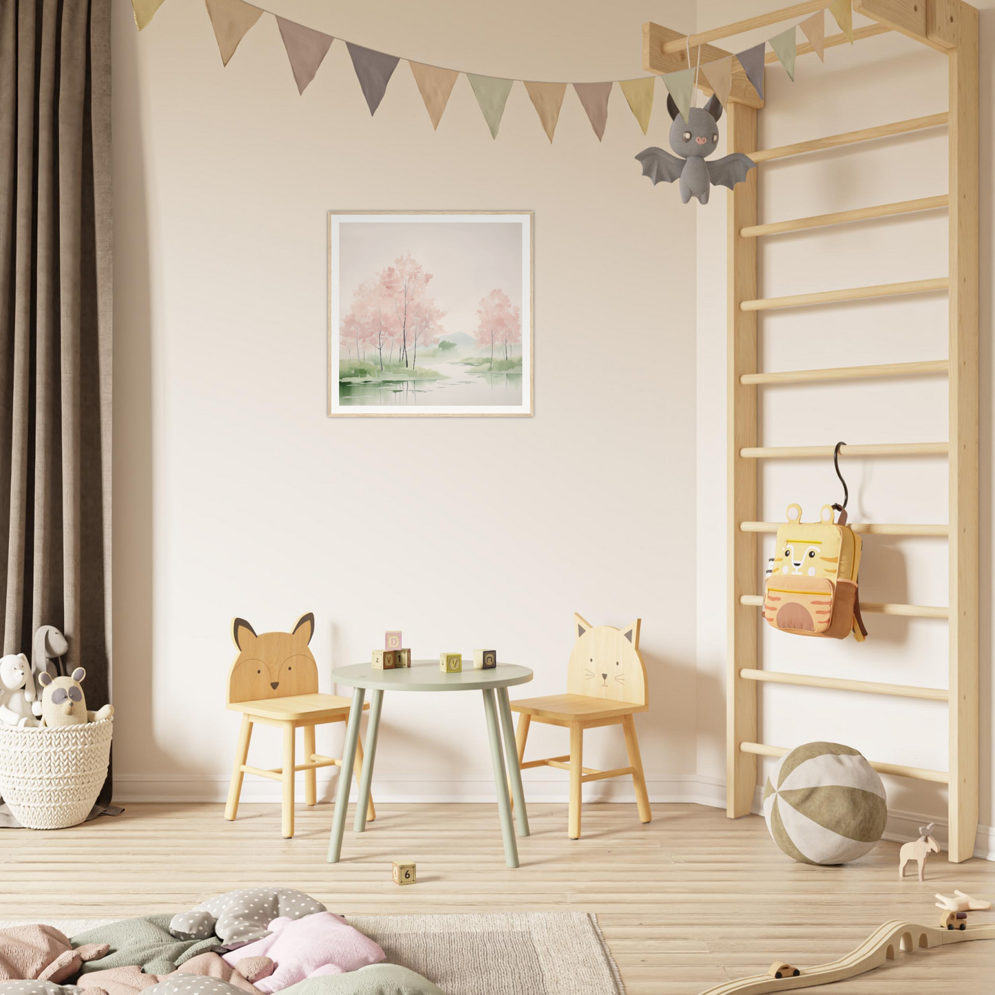 Children’s play area featuring animal-themed chairs and a table for nursery decor
