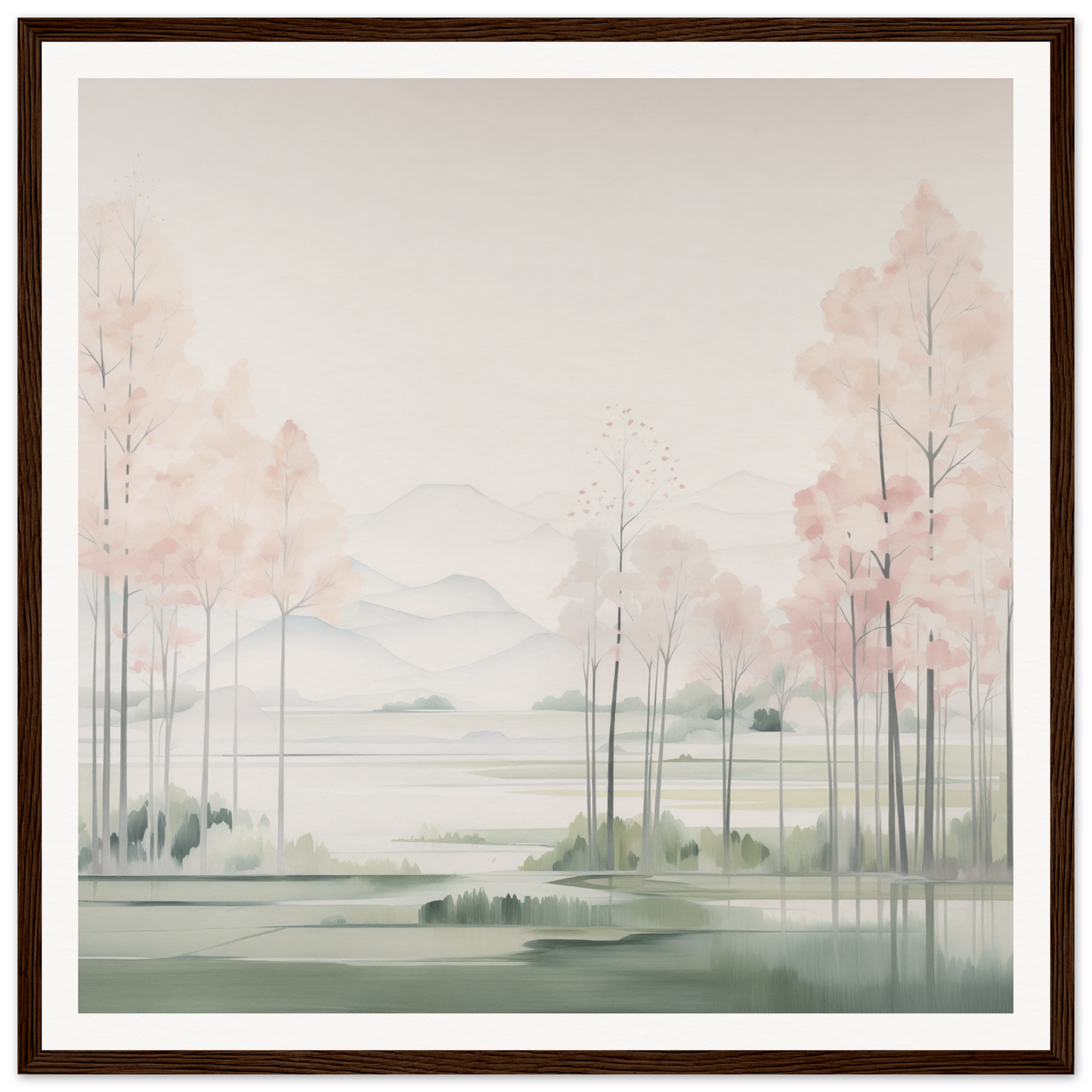 Watercolor landscape painting of misty trees and a lake perfect for nursery wall art
