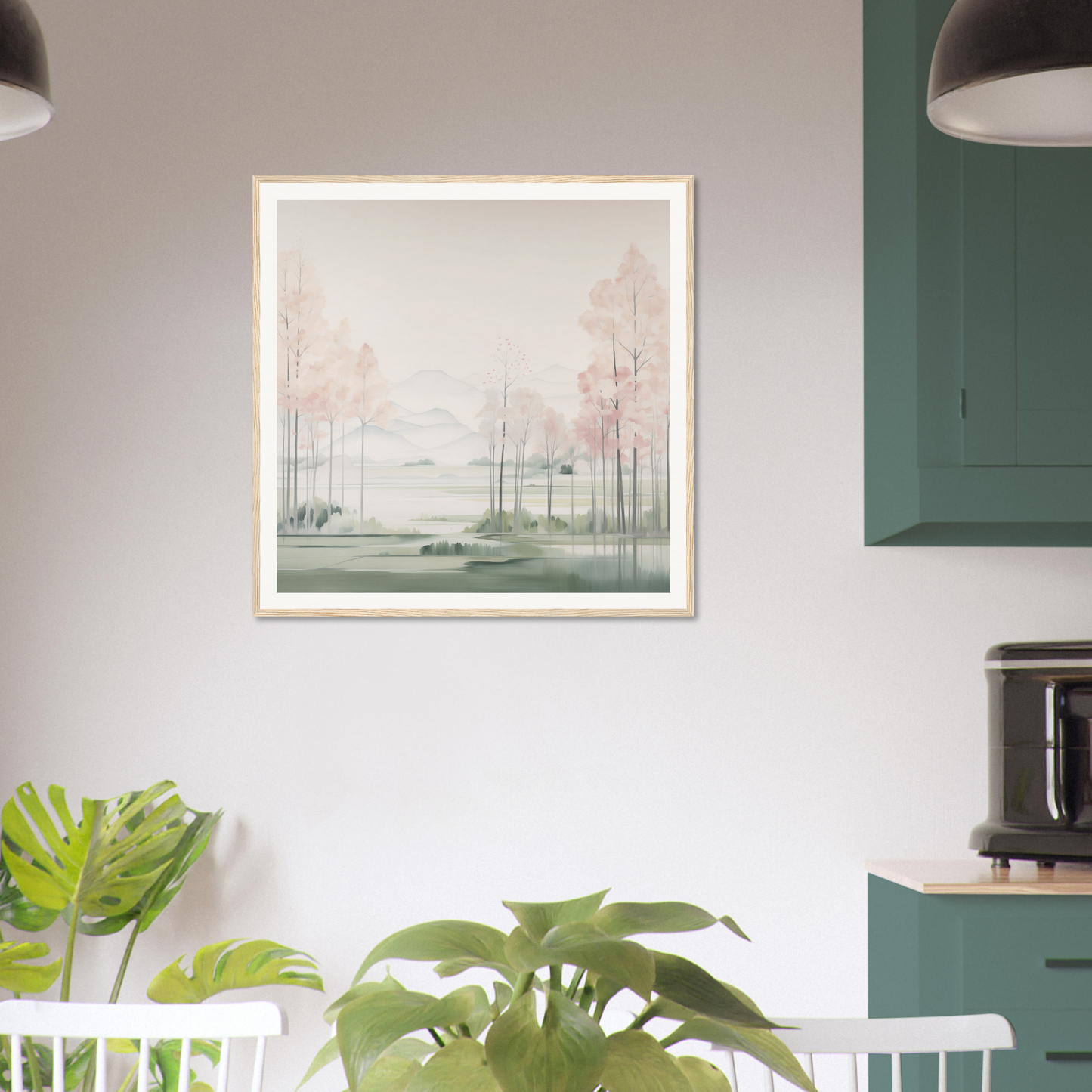 Framed watercolor landscape painting of misty trees and water for nursery decor