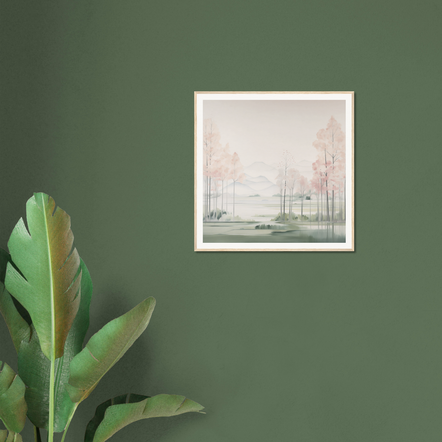 Framed watercolor painting of a misty landscape perfect for nursery wall art