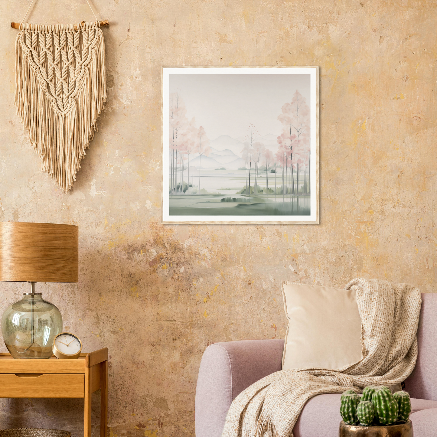 Macramé wall hanging with geometric patterns in beige for stylish nursery decor