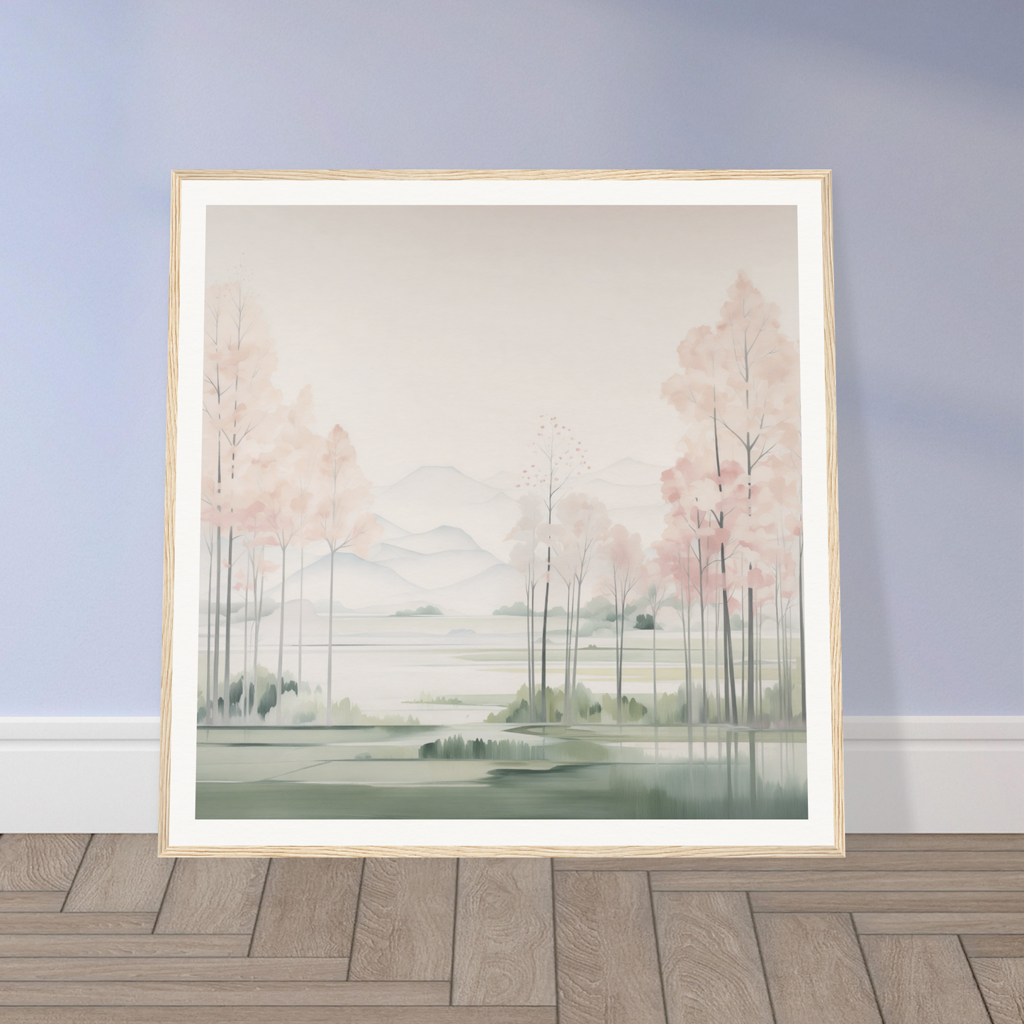 Framed watercolor of a misty forest, perfect nursery wall art for dreamy decor