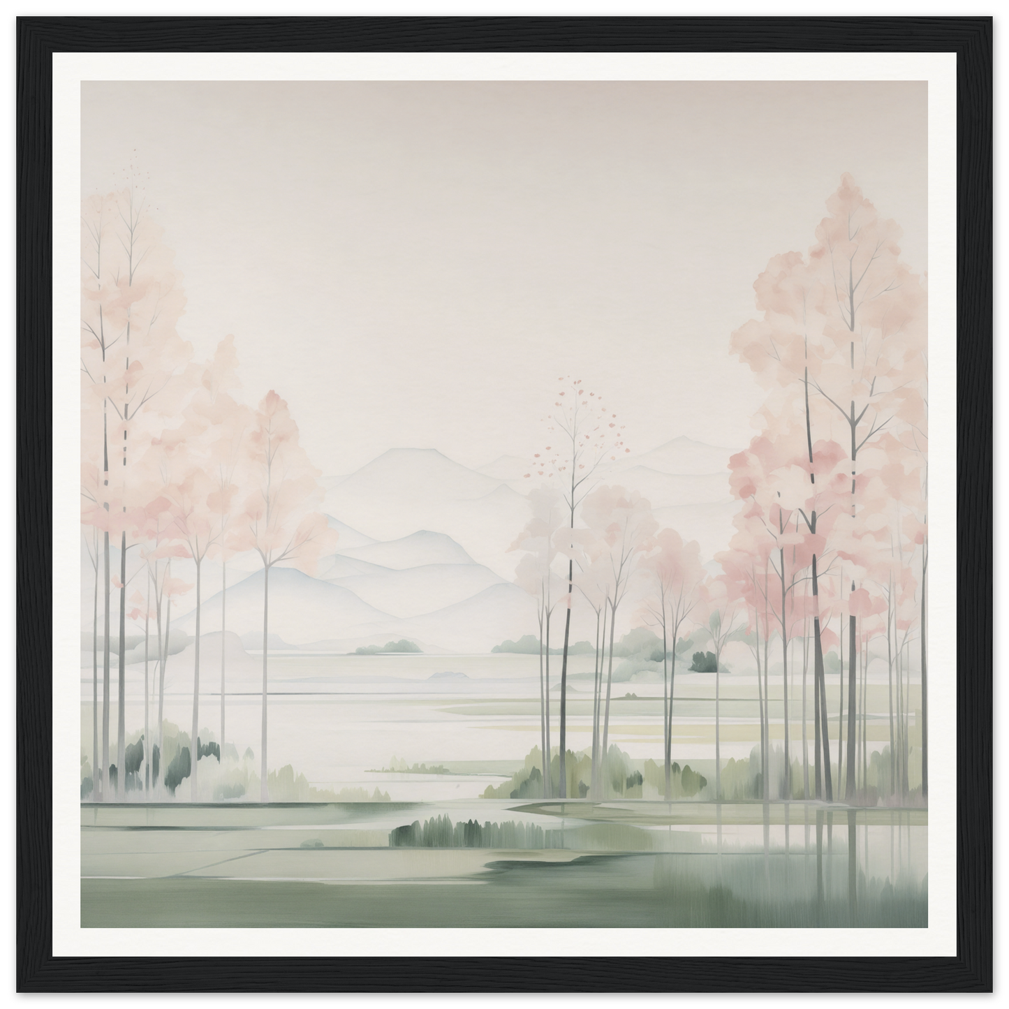 Watercolor landscape with misty trees and lake, perfect for nursery wall art decor