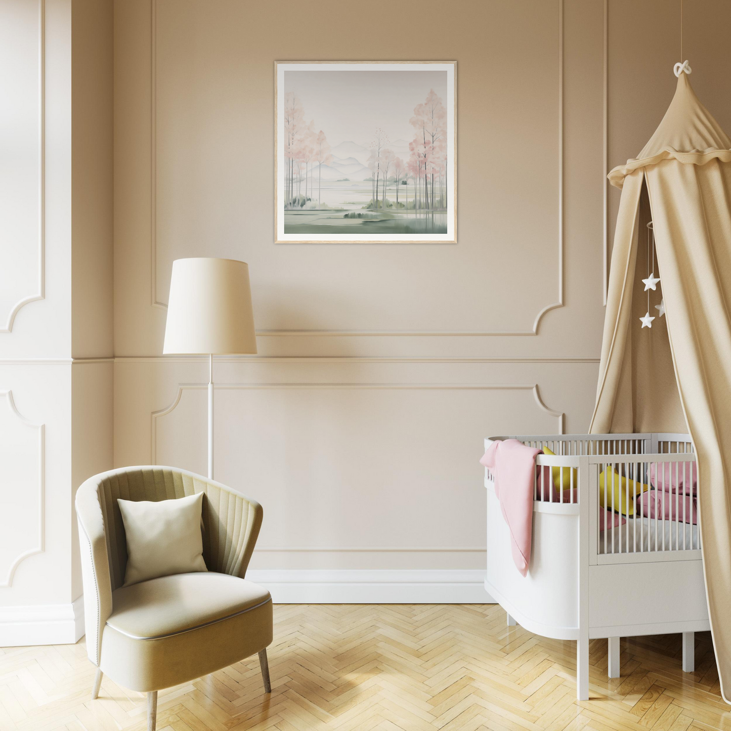 Modern white crib with beige canopy, perfect for stylish nursery decor or nursery wall art