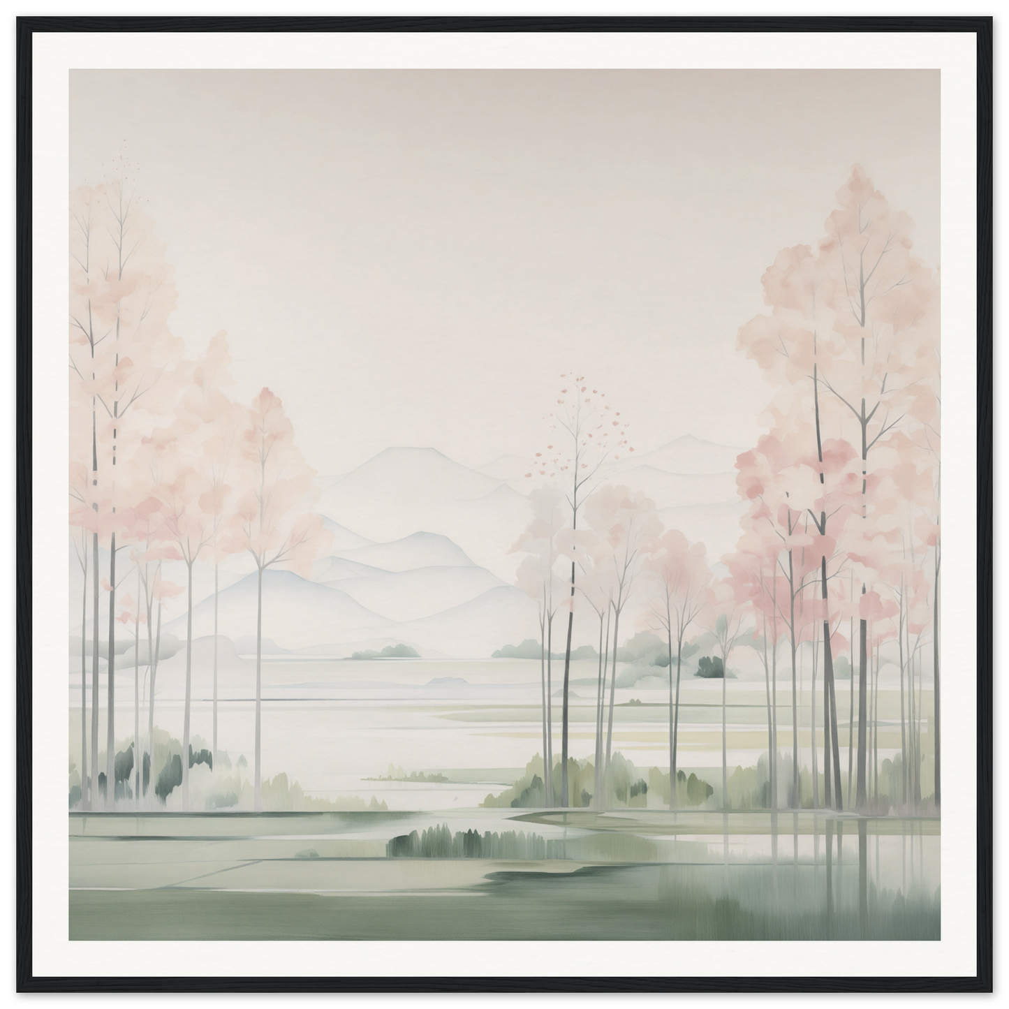 Watercolor landscape with misty trees and lake, perfect for nursery wall art or decor