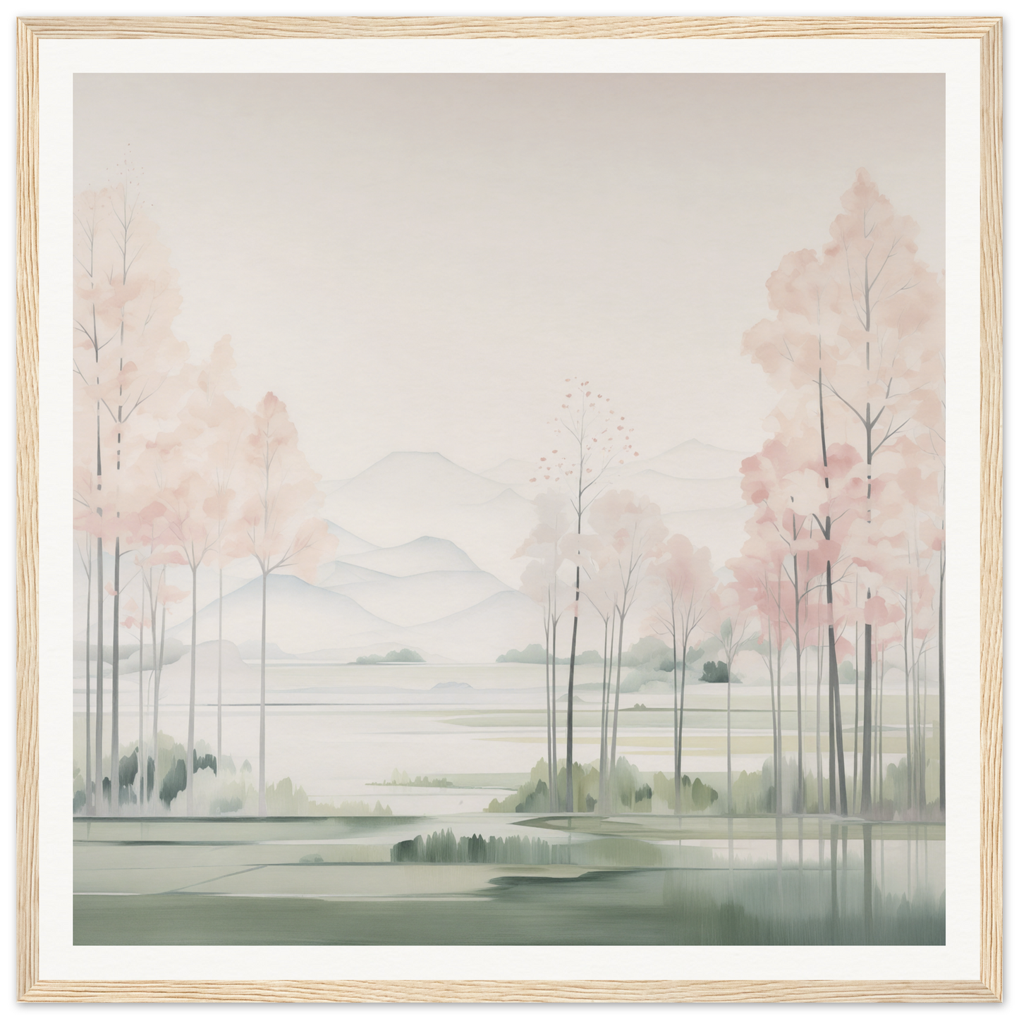 Watercolor landscape with pink trees and misty mountains for nursery wall art or decor