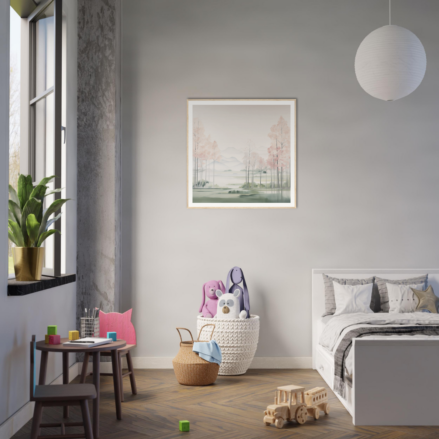 Minimalist bedroom in Product45 featuring grey walls and natural wood, ideal for nursery decor