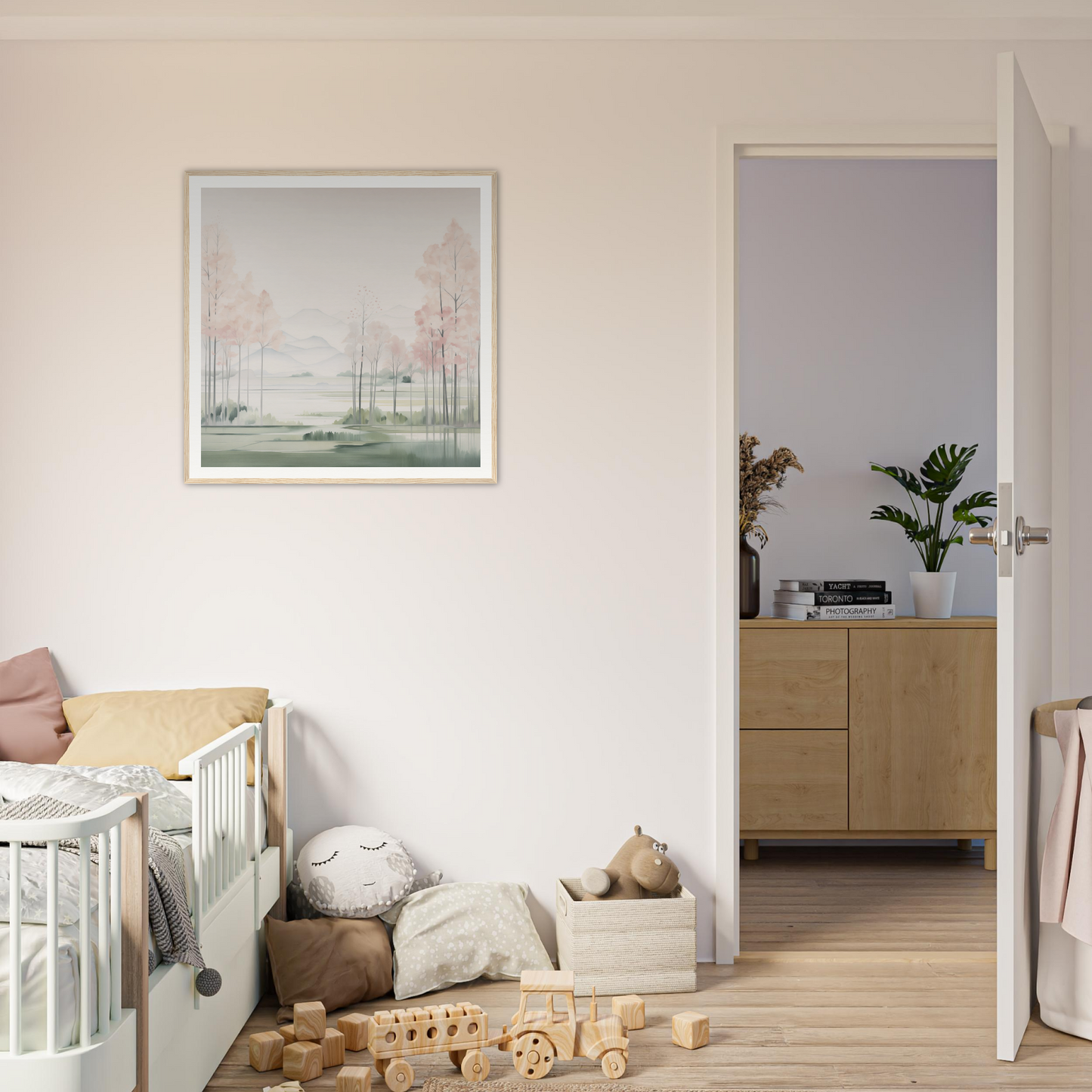 White wooden crib with curved railings for stylish nursery decor and cozy vibes