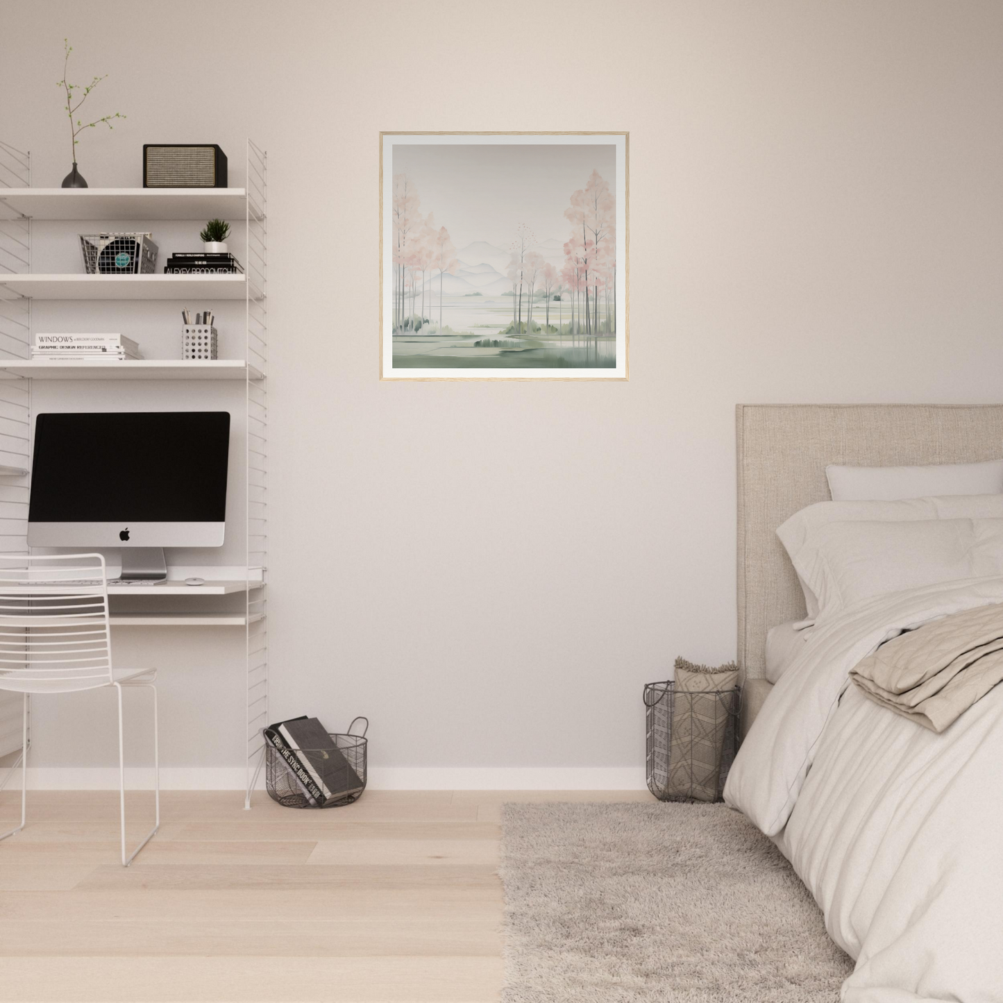 Minimalist bedroom with floating shelves, iMac workstation, and stylish nursery decor