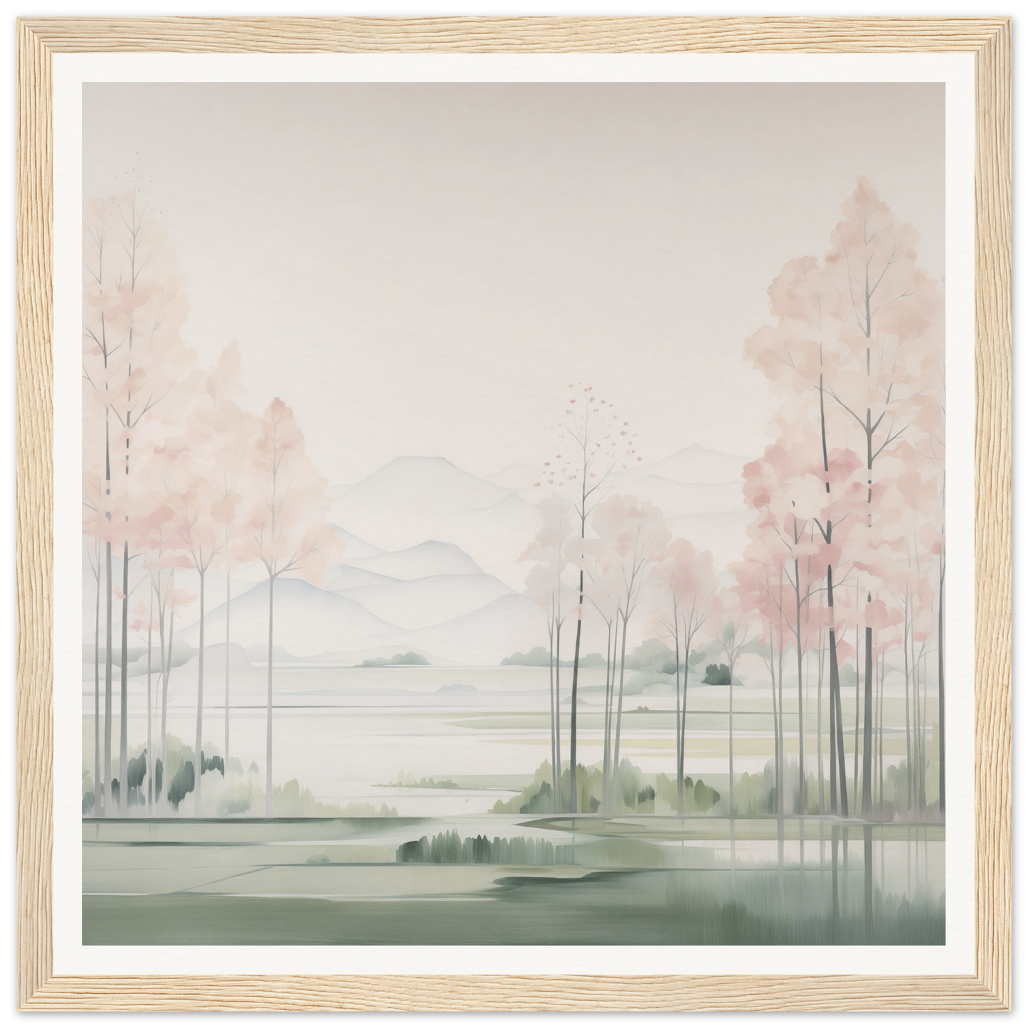Watercolor landscape painting of misty trees by a lake, perfect for nursery decor