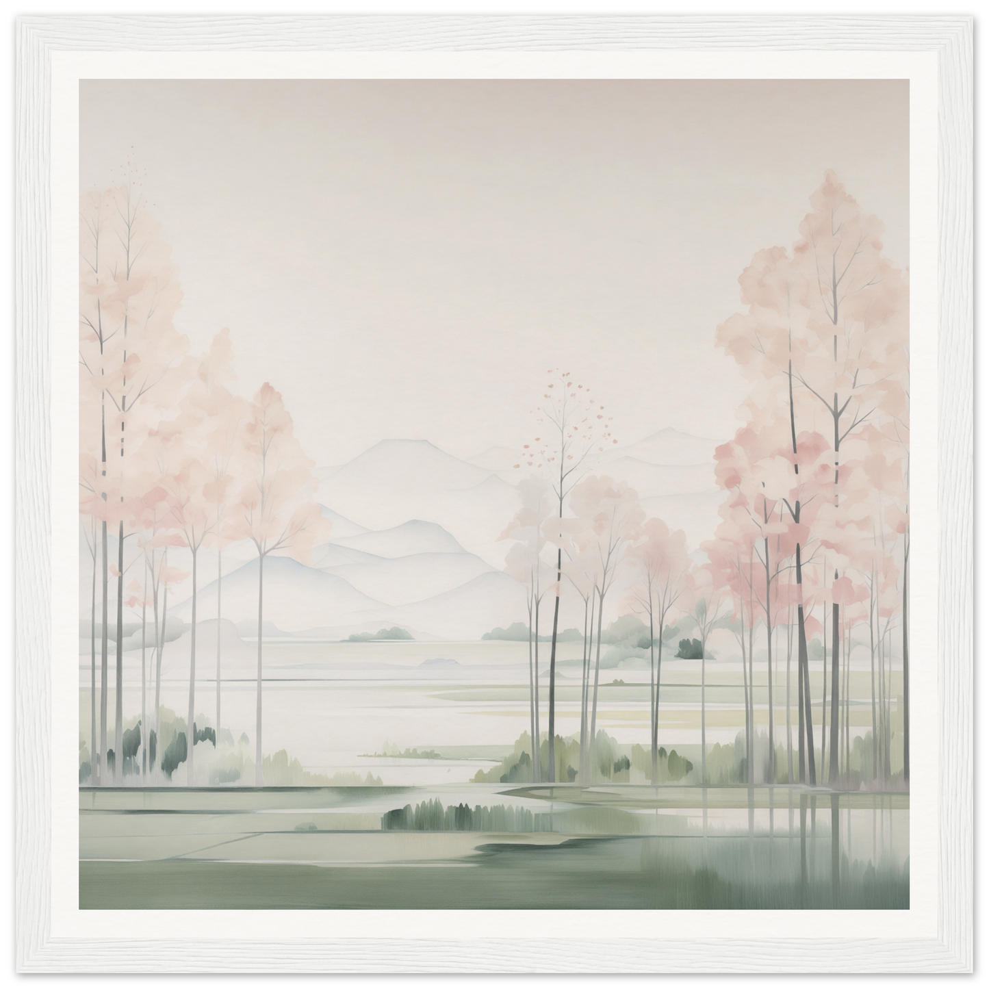 Watercolor landscape painting of misty trees by water for nursery wall art