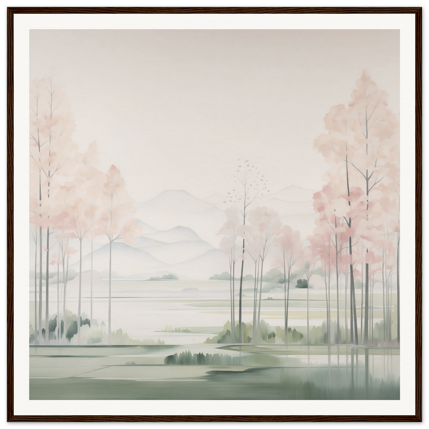 Watercolor landscape painting of misty trees and lake, perfect nursery wall art