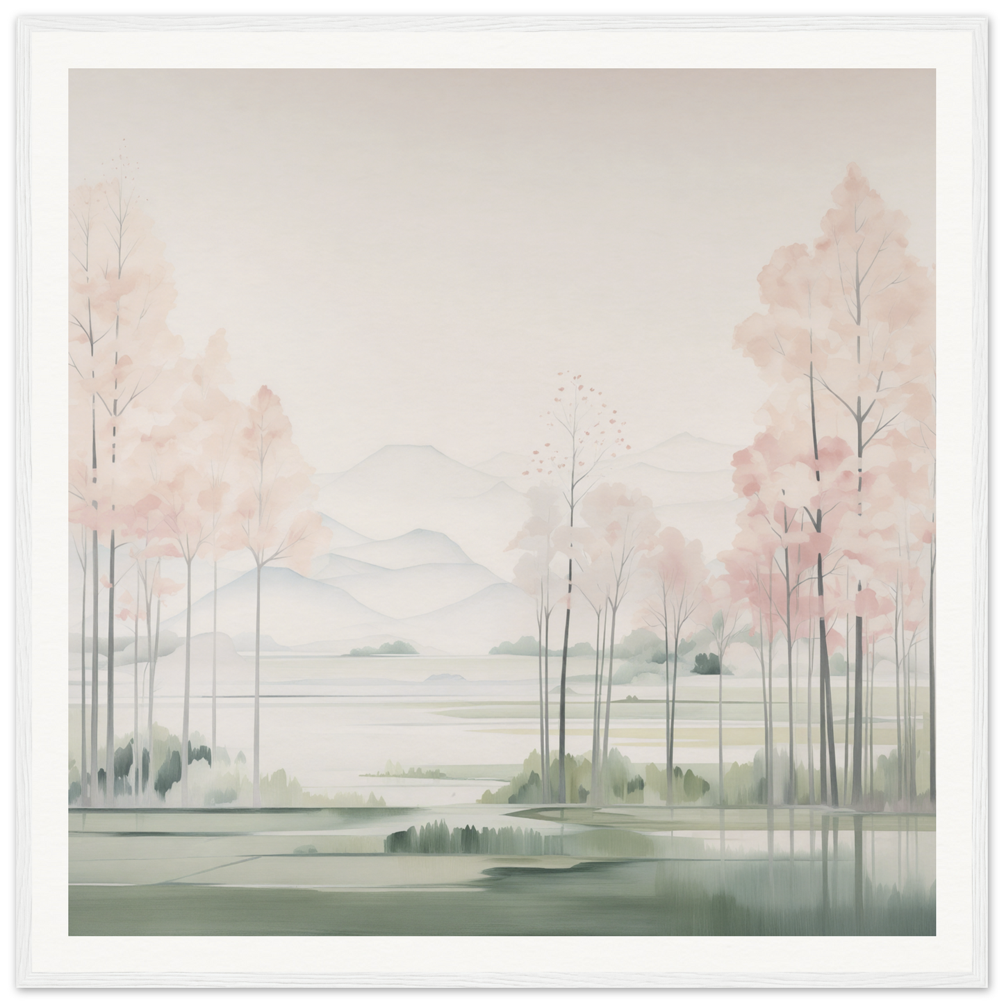 Watercolor landscape painting of misty trees near a lake for nursery wall art decor