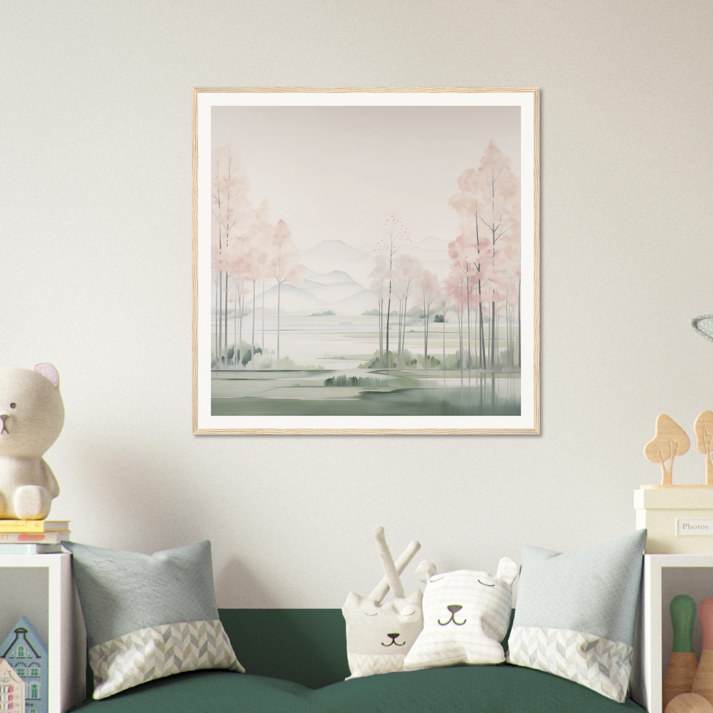 Framed watercolor painting of a misty forest, perfect for nursery wall art and decor