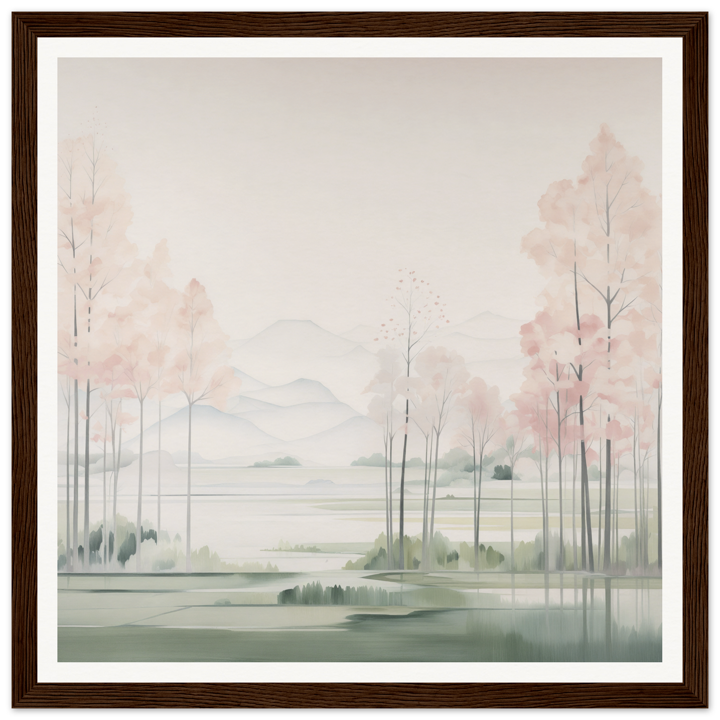 Watercolor landscape of misty trees and a lake, perfect for nursery wall art