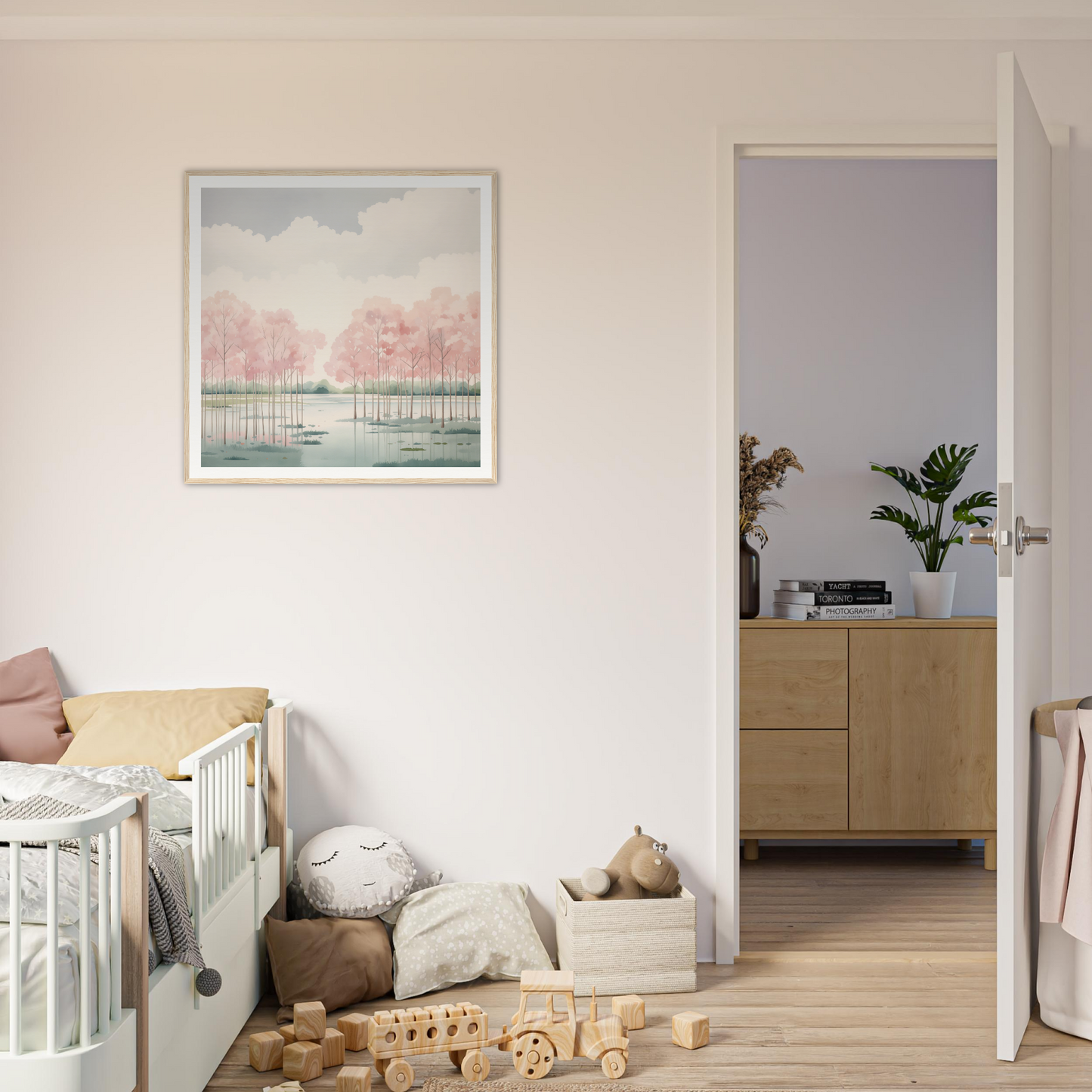 White wooden crib with curved railings, perfect for nursery decor and framed poster vibes