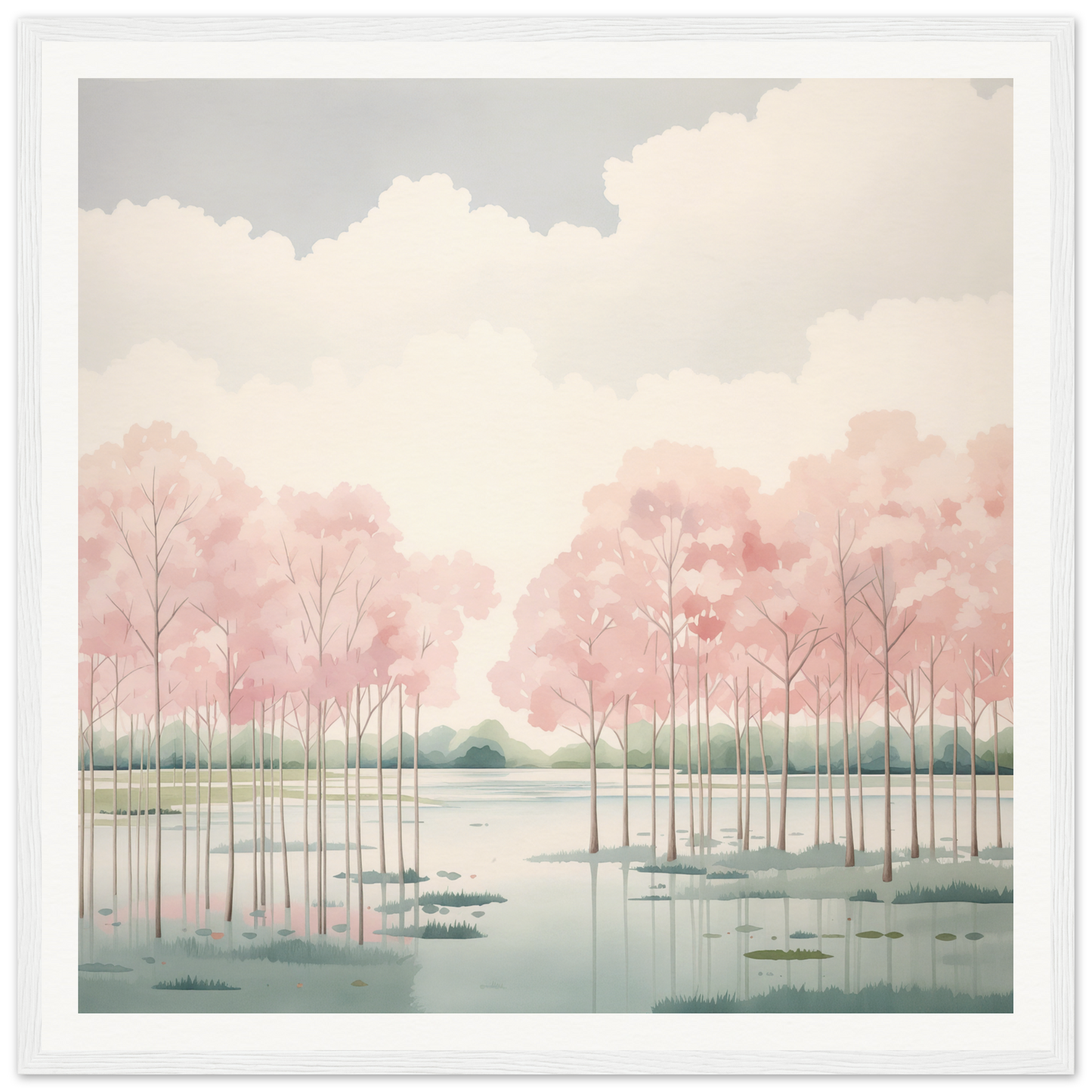 Tranquil watercolor landscape with pink trees for nursery wall art in Product46