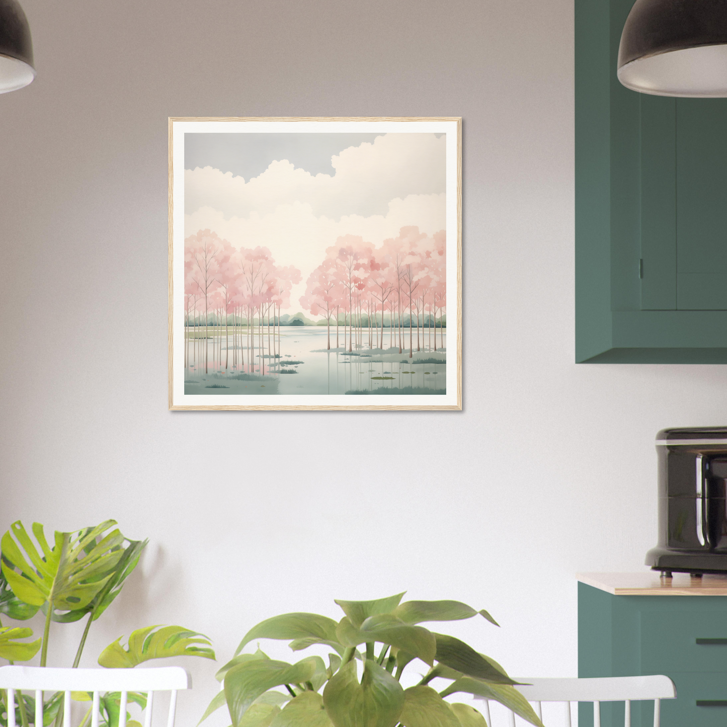 Framed watercolor painting of a misty lake with pink trees, perfect for nursery wall art