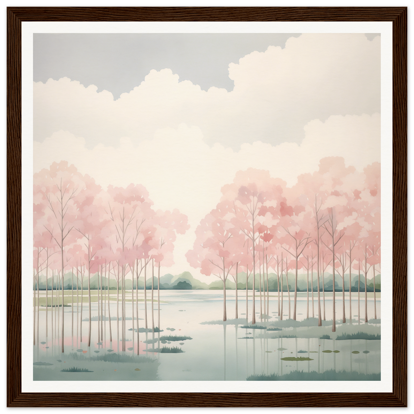 Watercolor painting of a misty lake and pink trees, perfect for nursery wall art