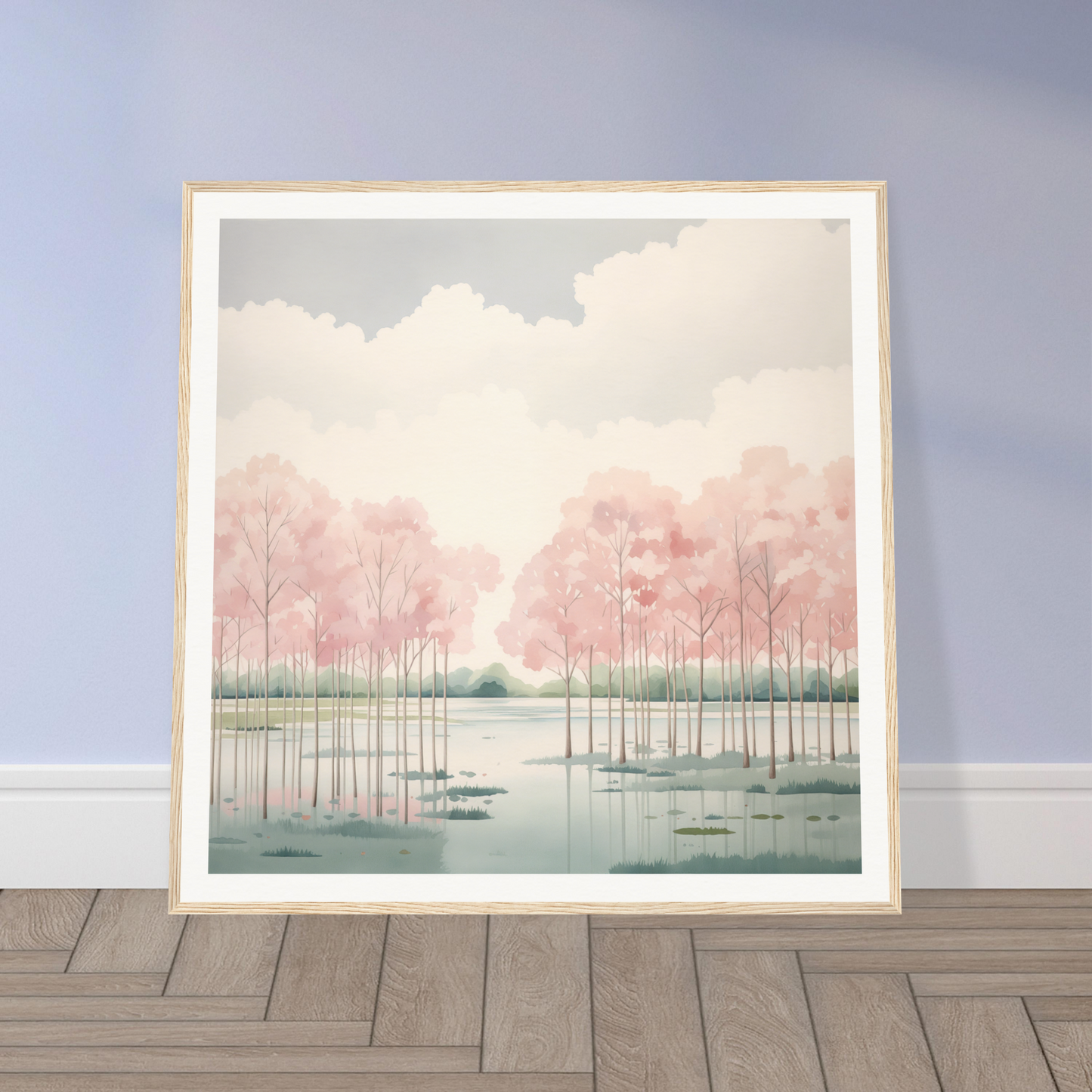 Framed watercolor nursery wall art of a misty lake with pink trees reflection