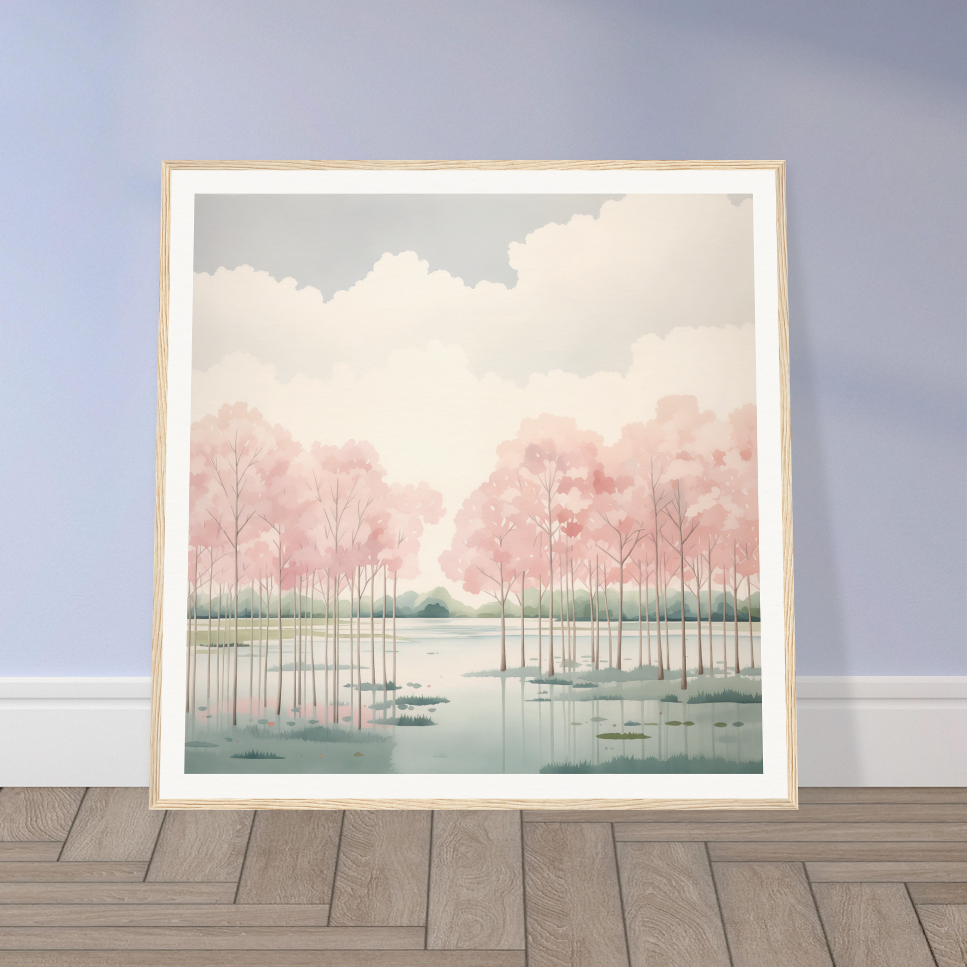 Framed watercolor nursery wall art of a misty lake with pink trees reflection