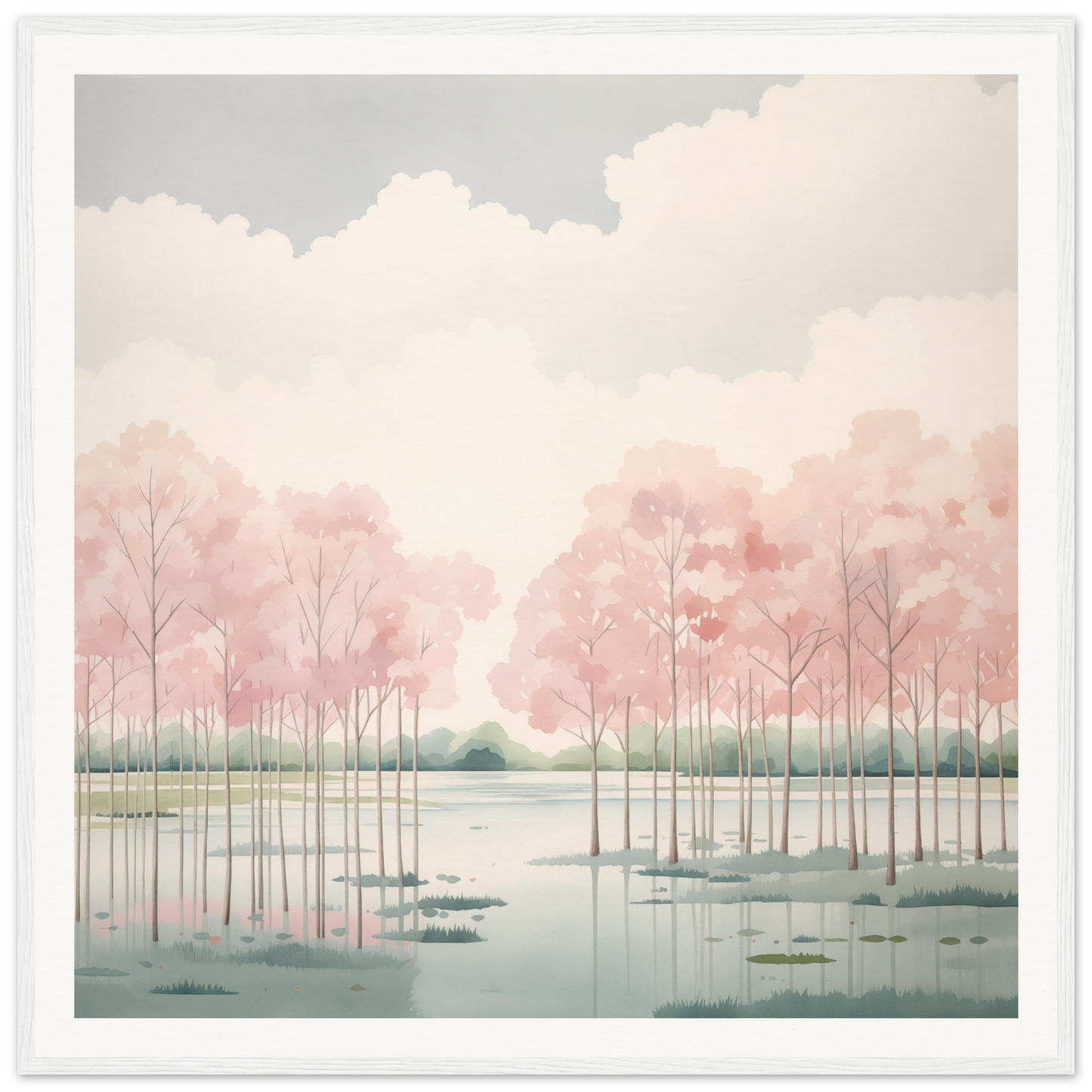 Peaceful waterscape with cherry blossoms, perfect for nursery wall art decor