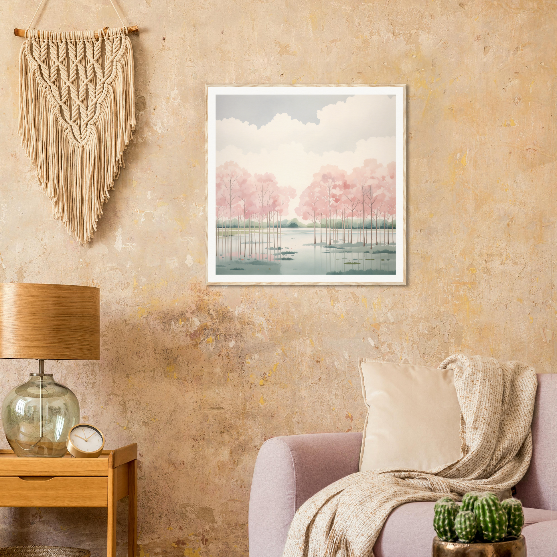 Framed watercolor painting of a misty lake for charming nursery wall art decor