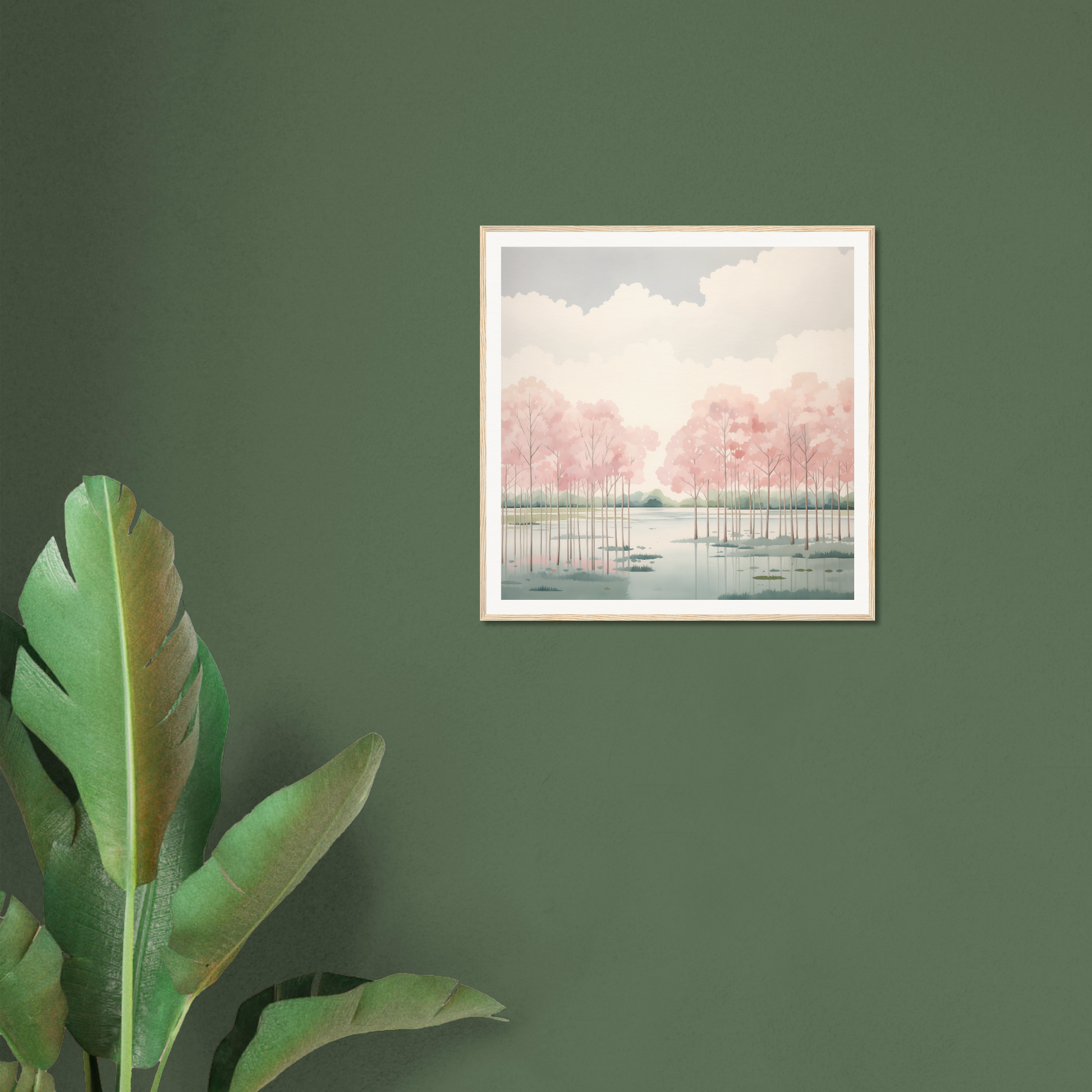 Framed watercolor painting of a misty lake with pink trees perfect for nursery wall art