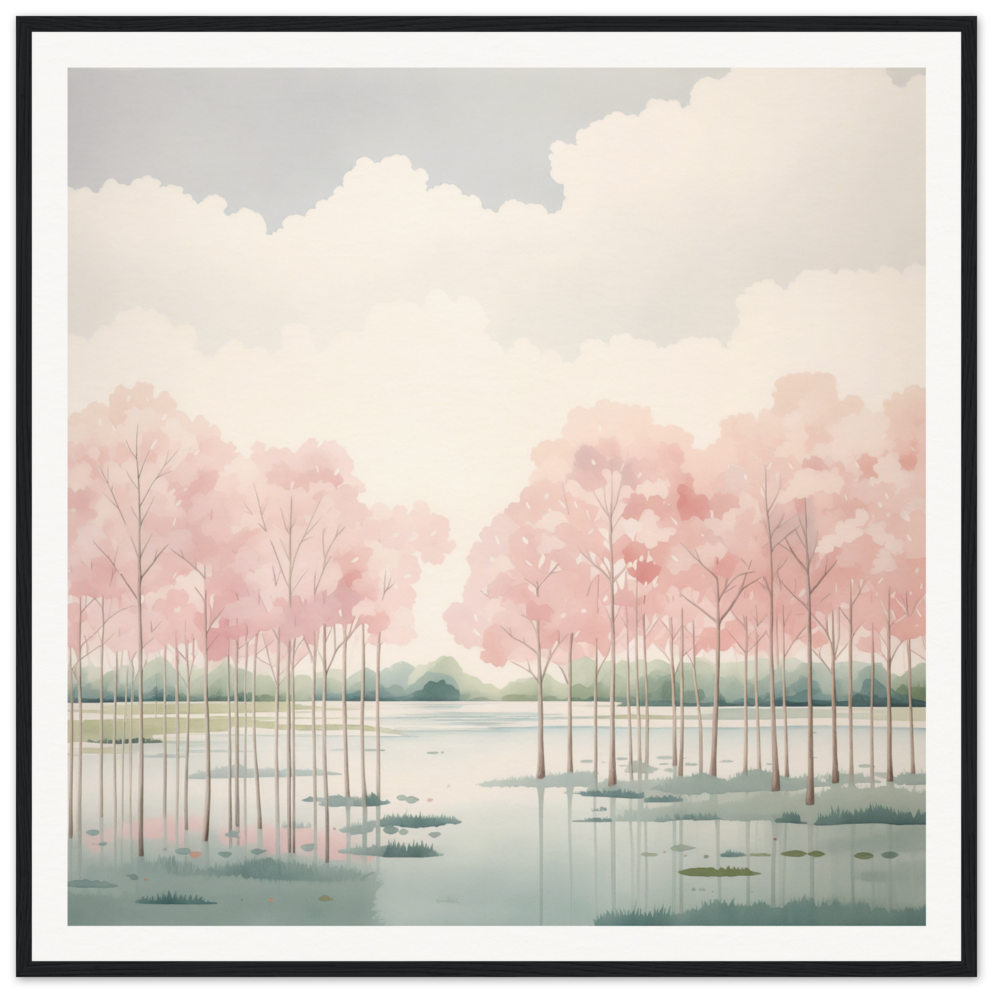 Tranquil waterscape with pink trees, perfect for nursery wall art or decor