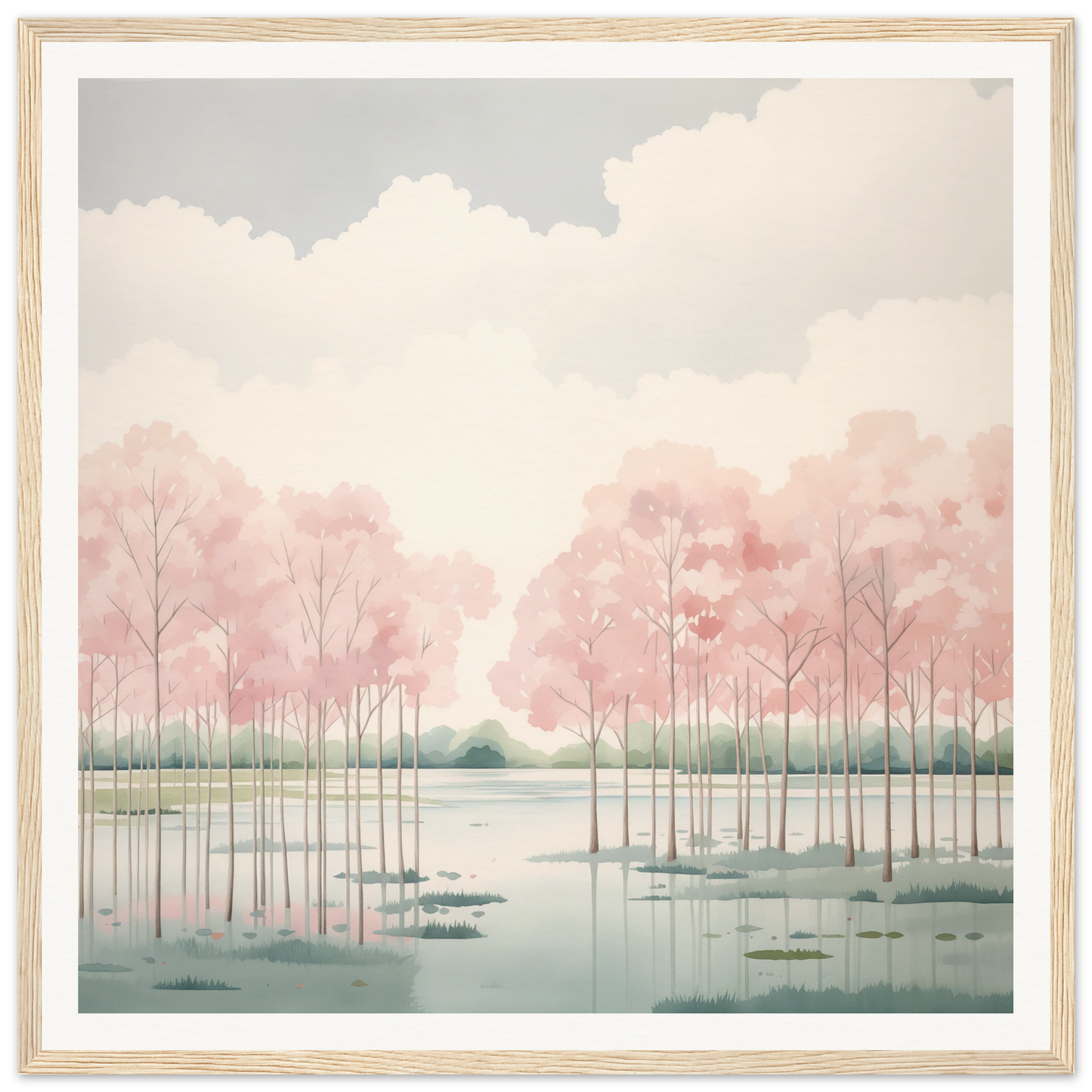 Tranquil watercolor of pink trees and misty lake, perfect nursery wall art for kids