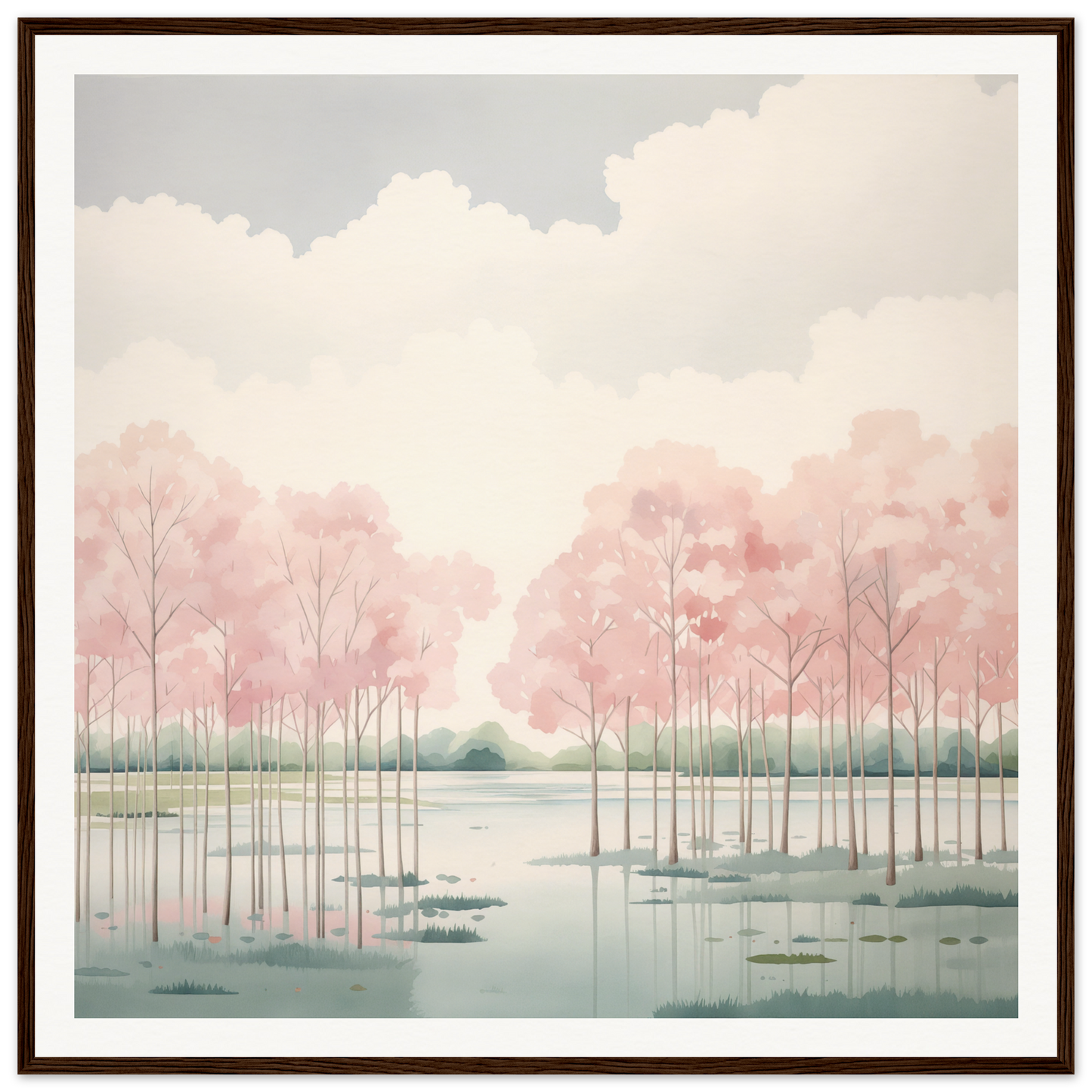Tranquil watercolor landscape with pink trees, perfect nursery wall art for cozy decor