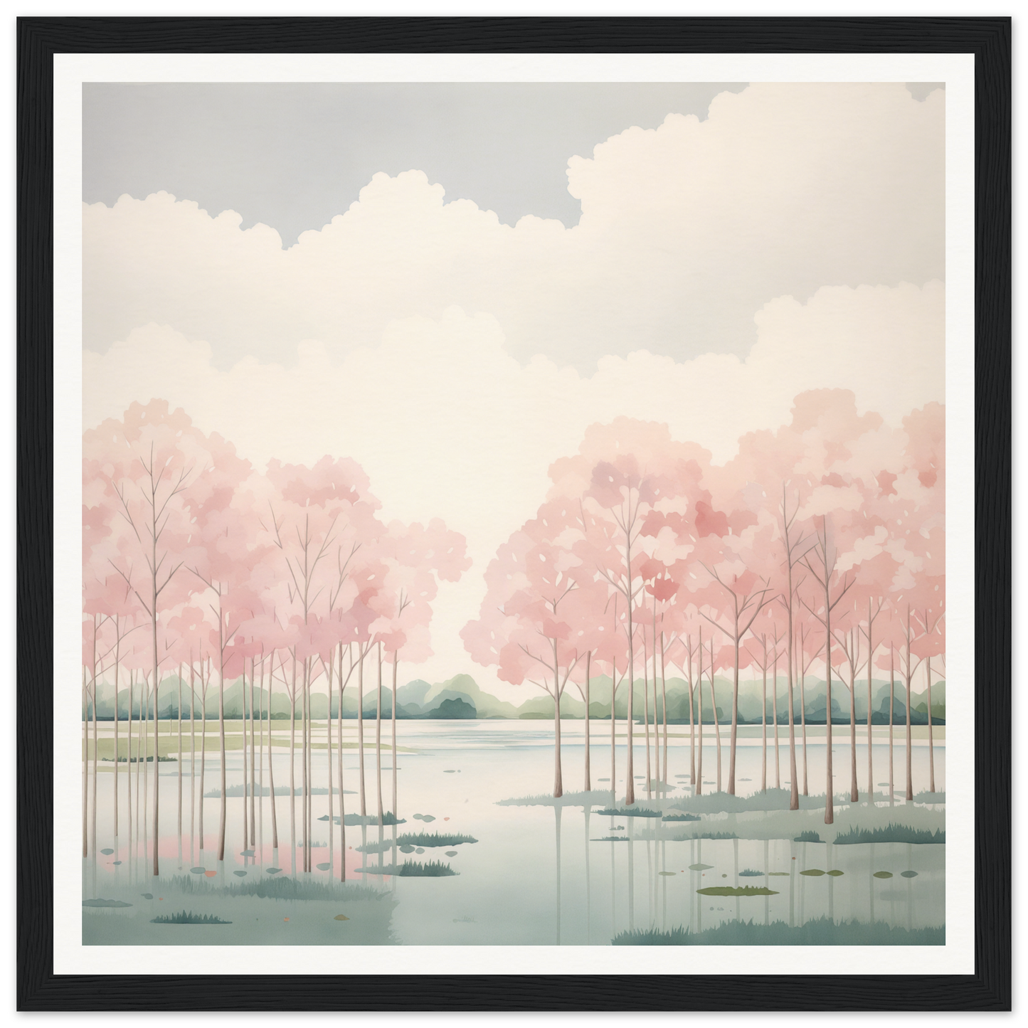 Watercolor painting of a misty lake with pink trees perfect for nursery wall art