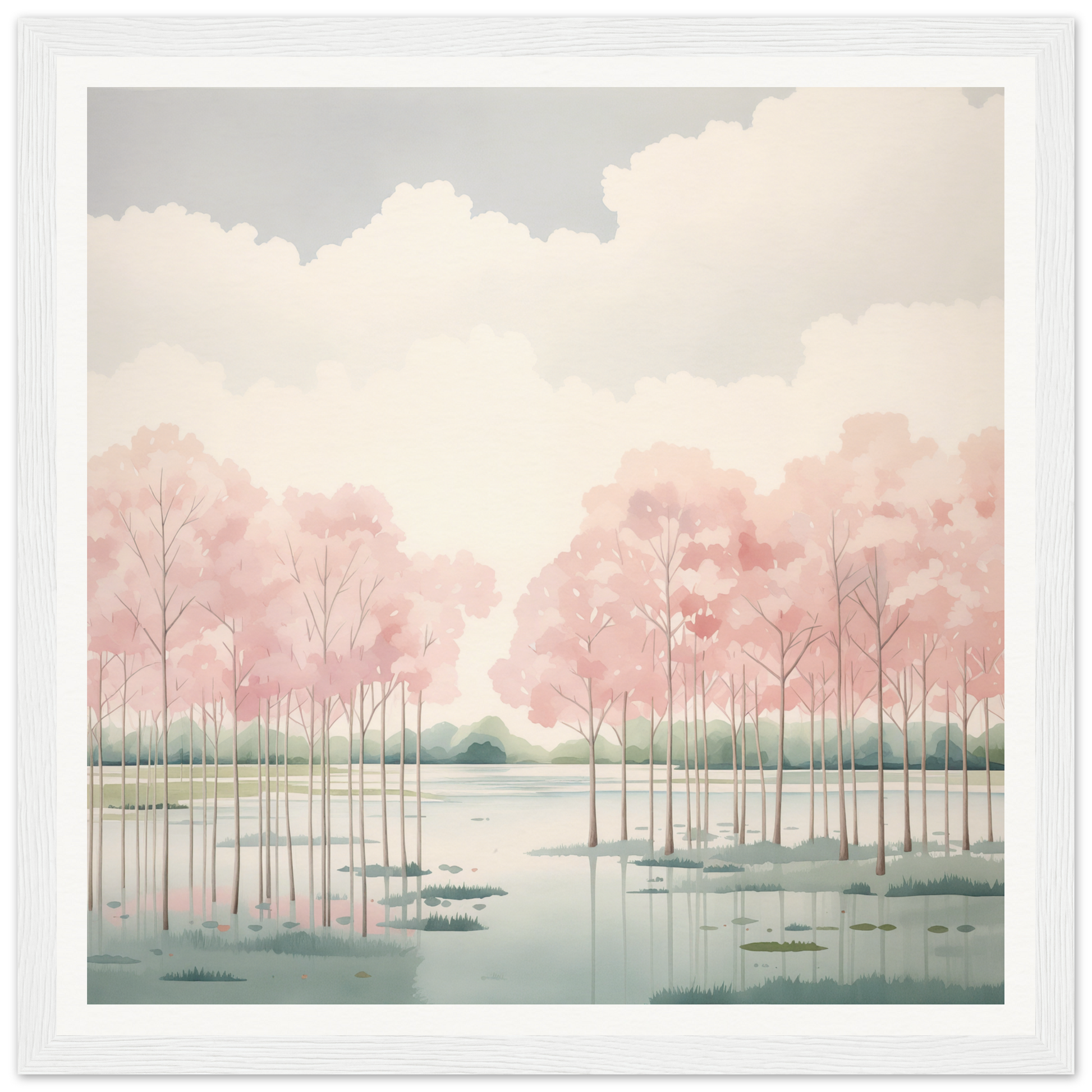 Watercolor painting of a misty lake for nursery wall art in product46