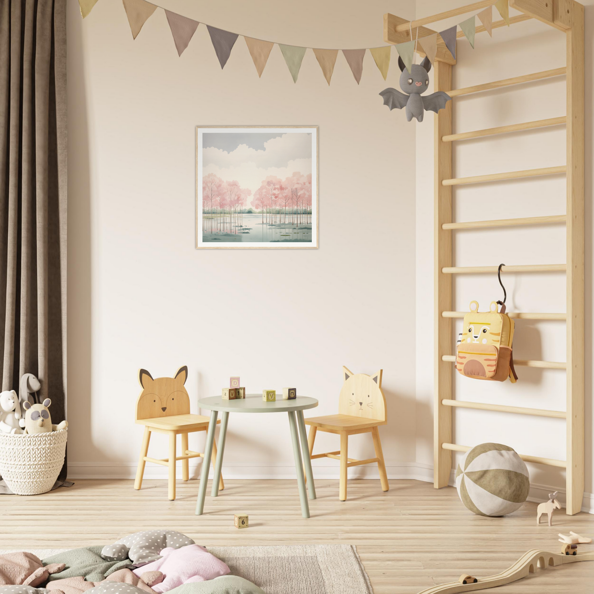 Children’s play area with animal chairs, perfect for nursery decor and framed poster vibes