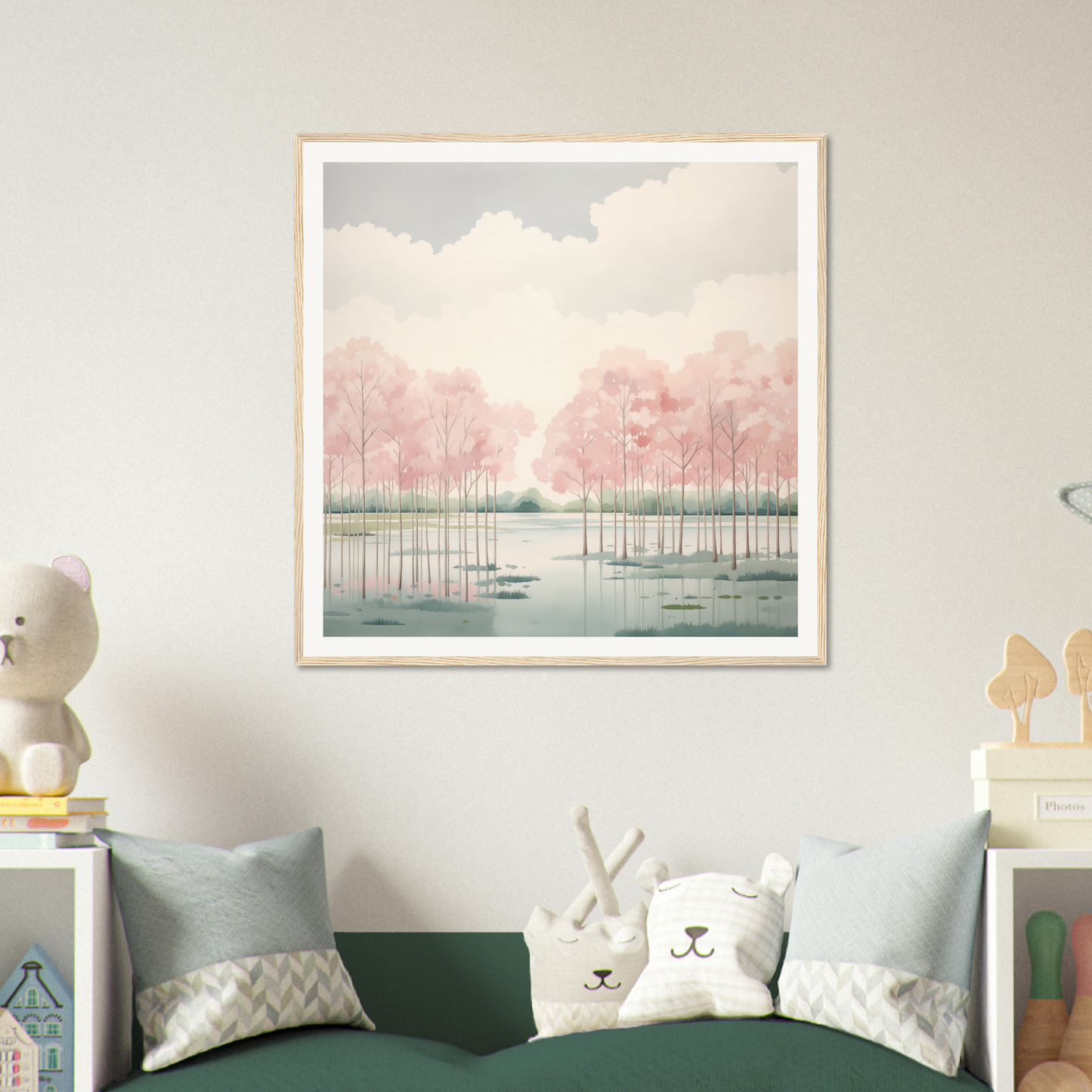 Framed watercolor of pink trees reflecting in a misty lake, perfect nursery wall art