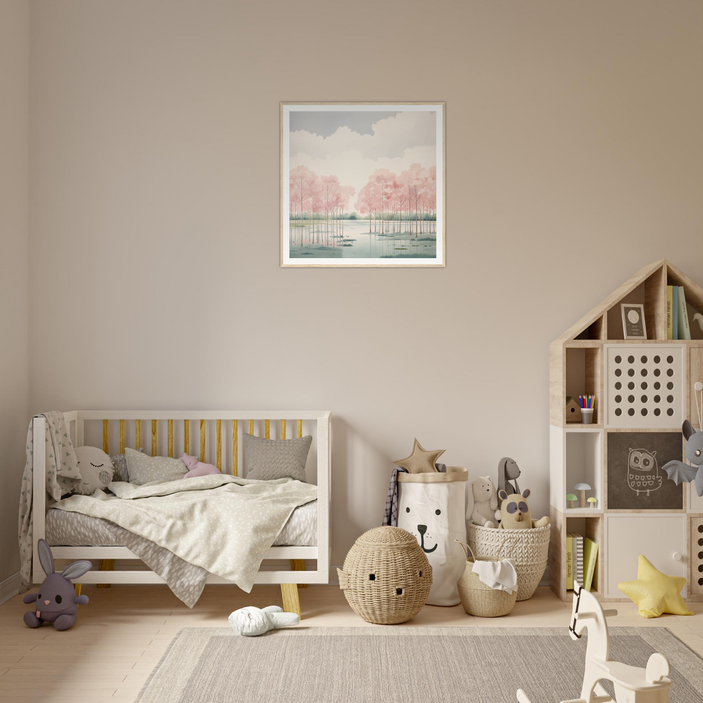Wooden crib with gray bedding and yellow accents for stylish nursery decor