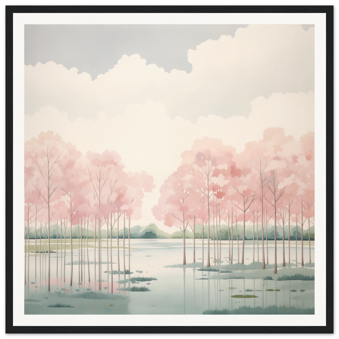 Tranquil watercolor landscape with pink trees for nursery wall art in product46