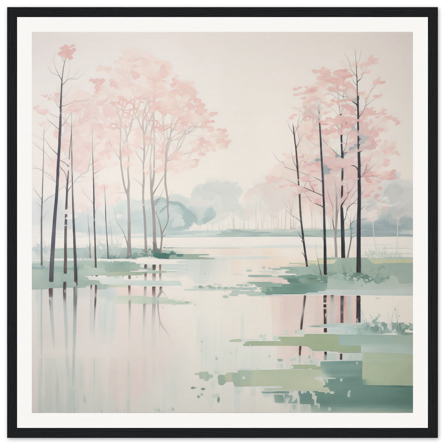 Tranquil watercolor landscape with cherry blossoms, perfect for nursery wall art