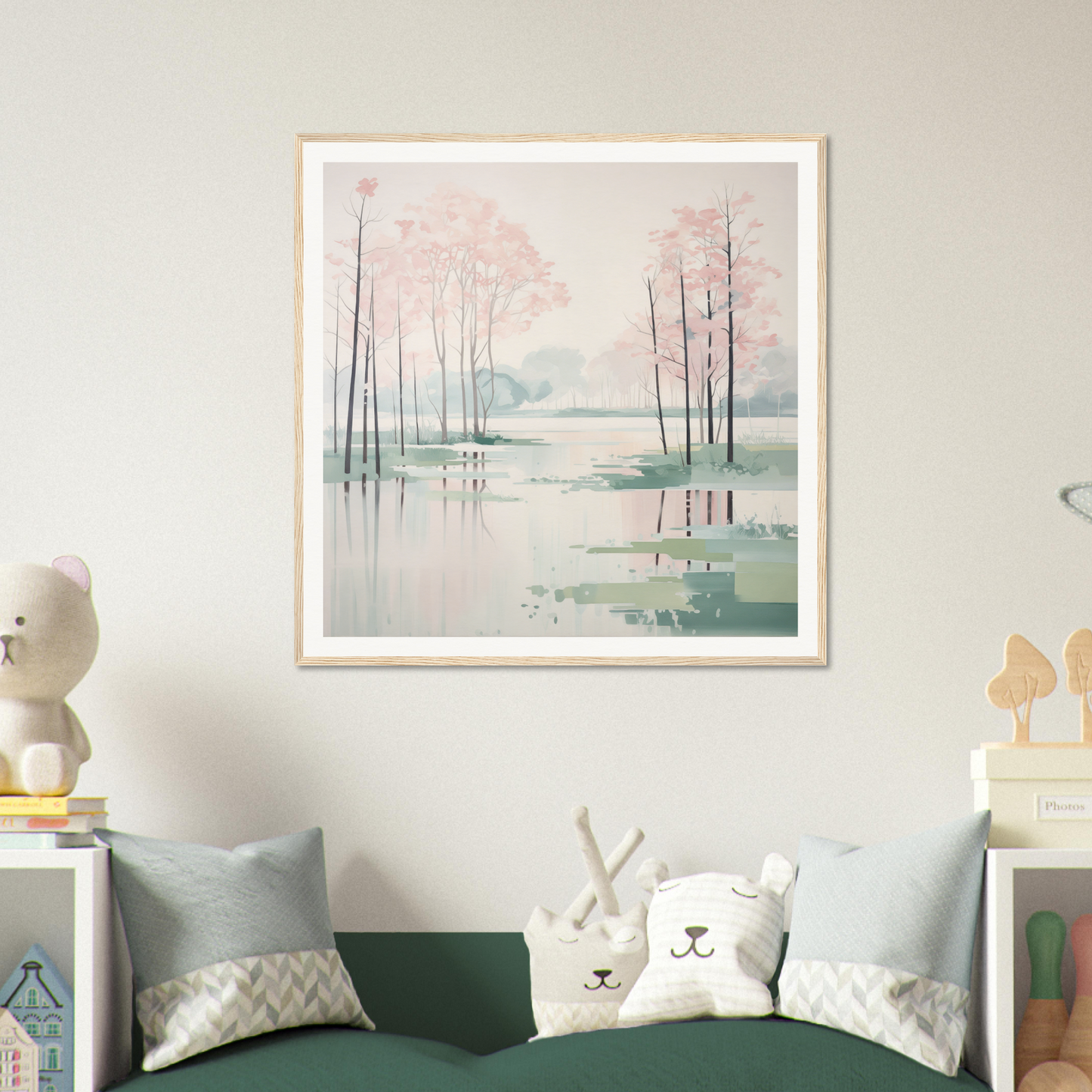 Framed watercolor nursery wall art of misty trees reflecting in water with pink and teal