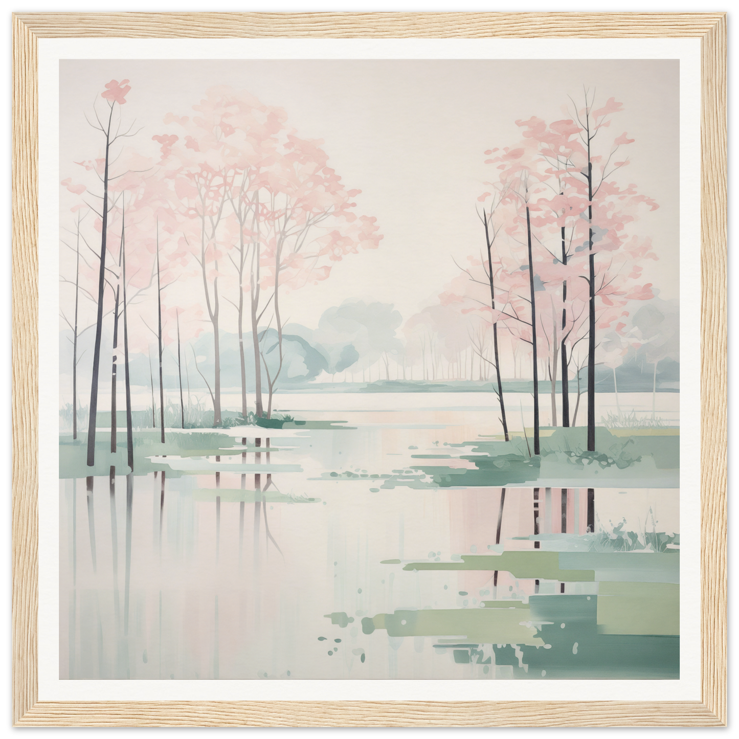 Serene watercolor painting of a misty lake for nursery wall art or decor
