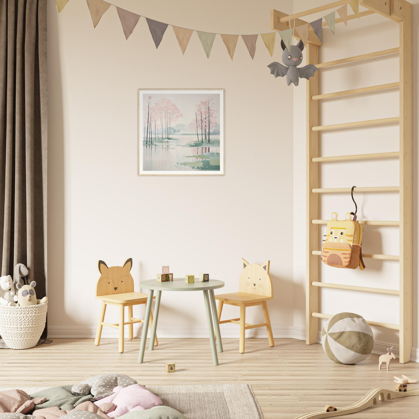 A cute children’s play area featuring animal-themed chairs and a small circular table, perfect for nursery decor