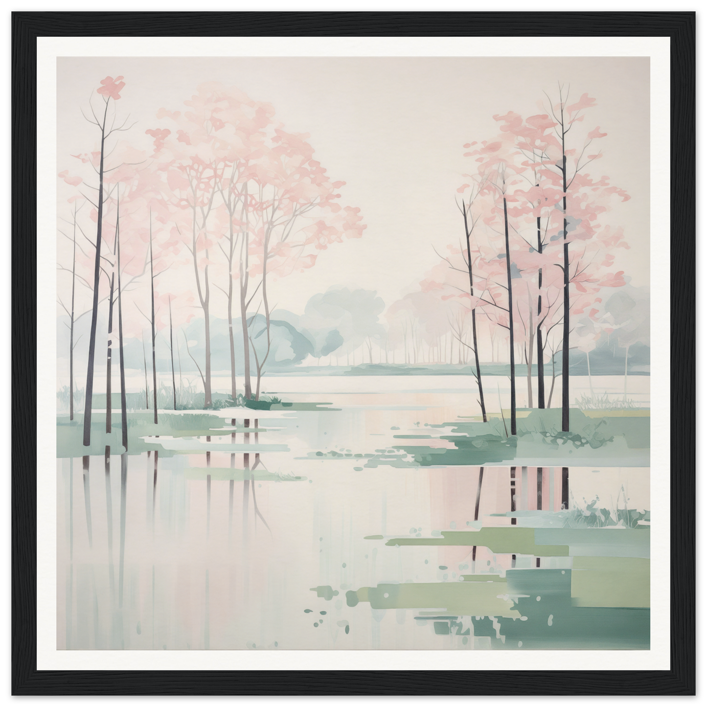 Watercolor painting of misty lake and trees, perfect for nursery wall art or decor