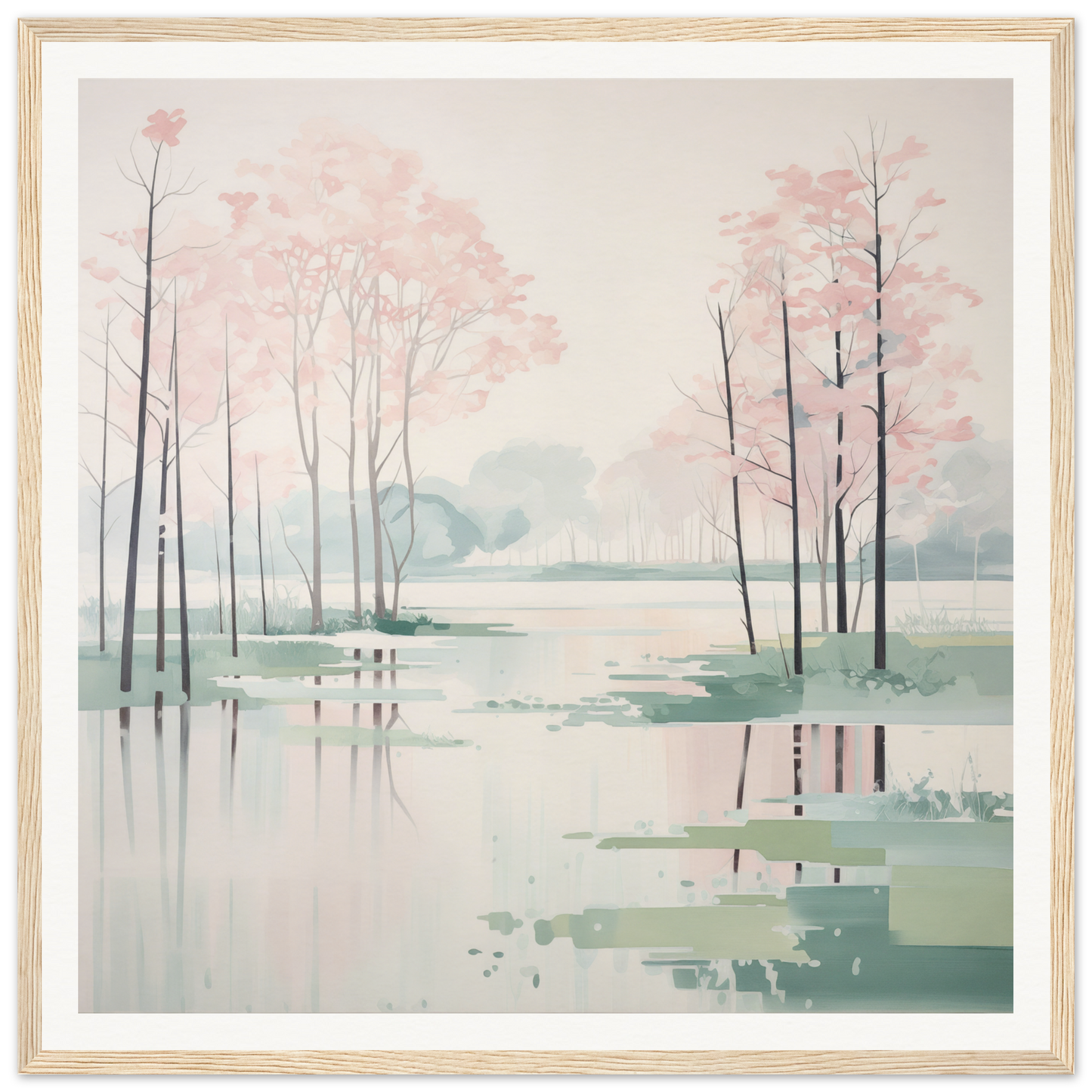 Tranquil watercolor misty lake scene for nursery decor or framed poster