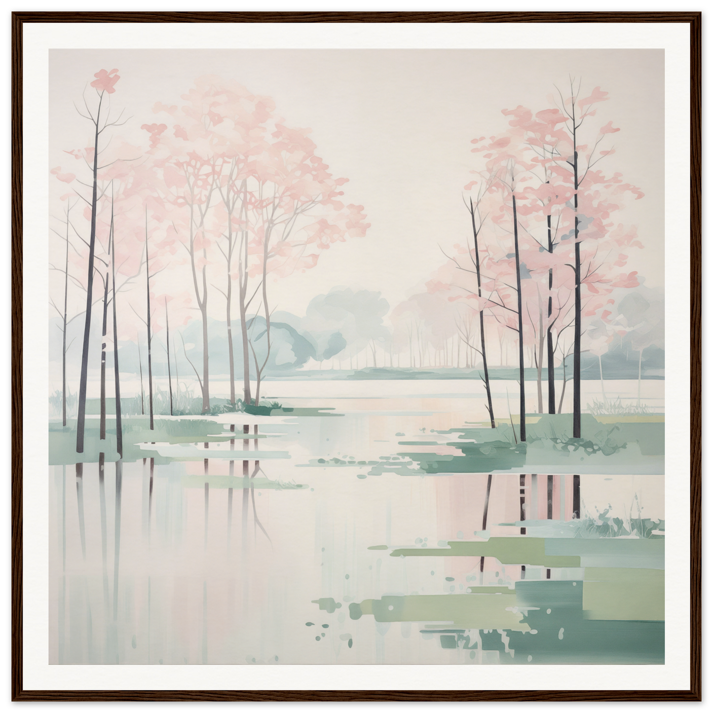 Serene watercolor landscape with misty trees for nursery wall art or decor