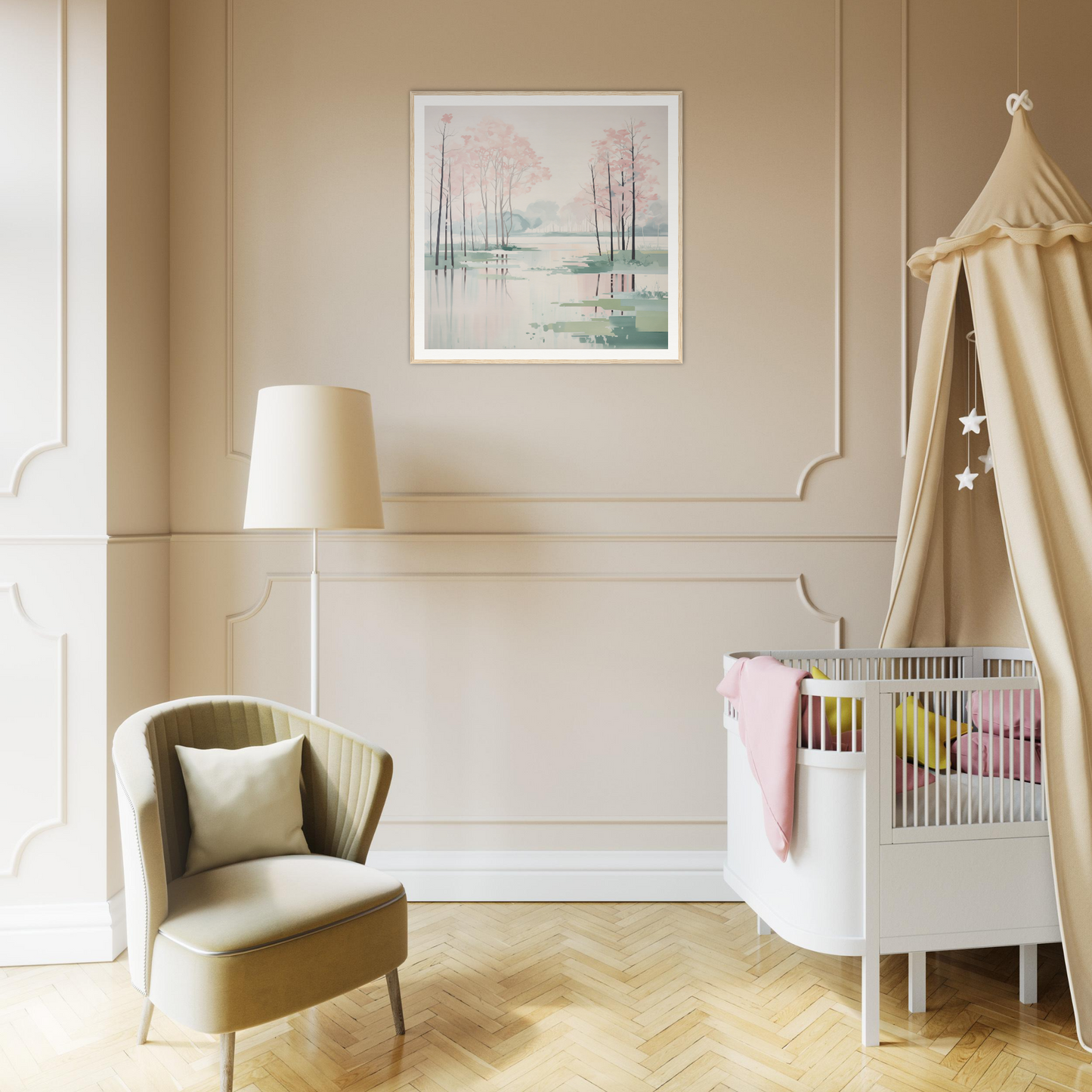 Modern nursery with a white crib and beige canopy, perfect for nursery decor