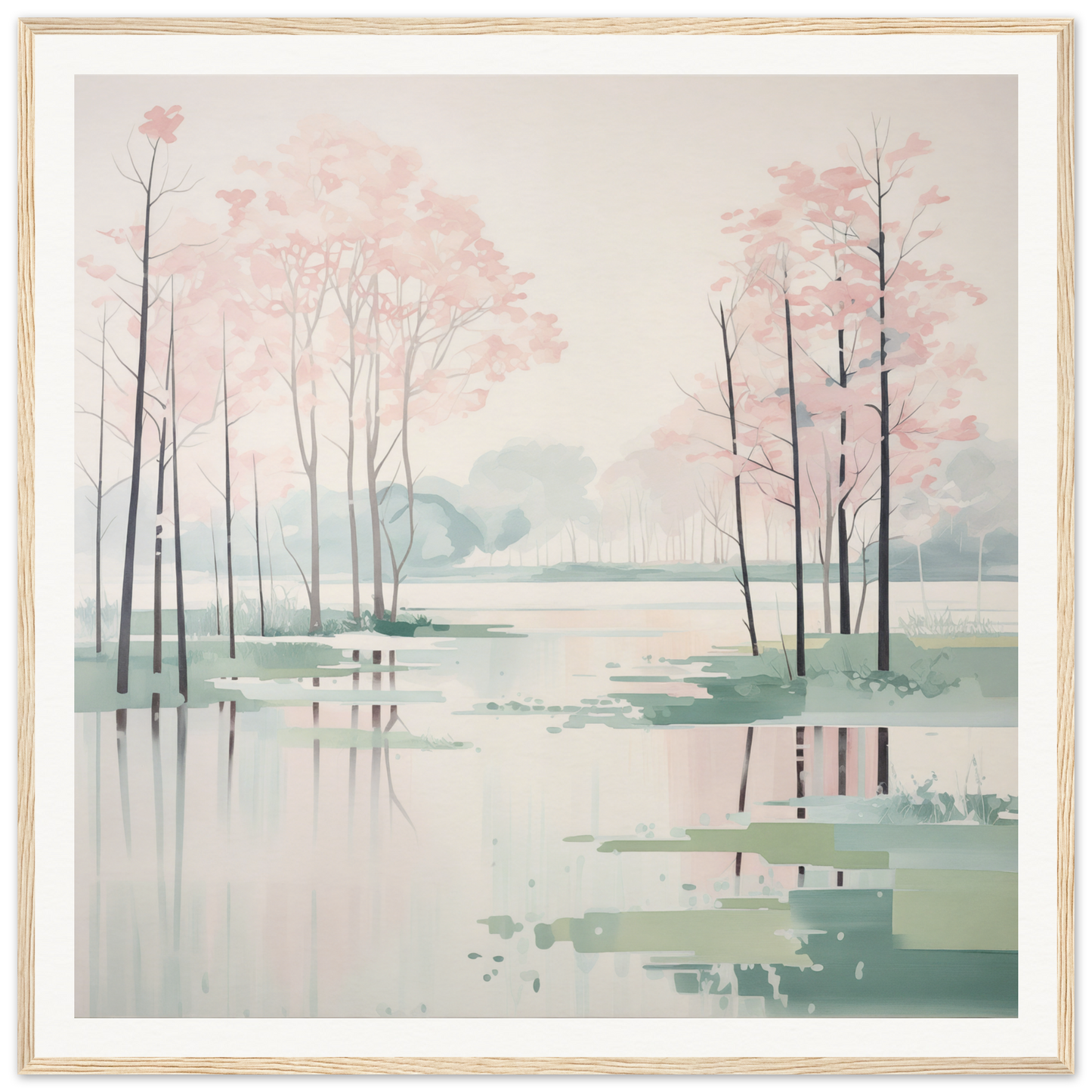 Tranquil watercolor landscape with cherry blossoms for nursery wall art or decor