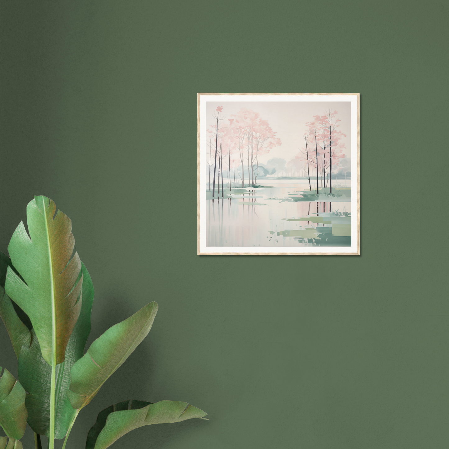 Framed watercolor painting of bare trees in misty water for nursery wall art